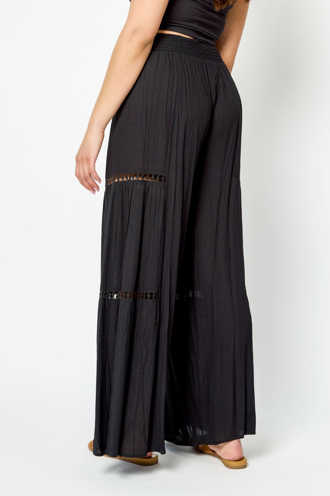 Crinkle Gauze Wide Leg Pants with Crochet Trim - Boho Chic Lounge Pants for Women, Perfect for Yoga, Beach, and Summer Vacation