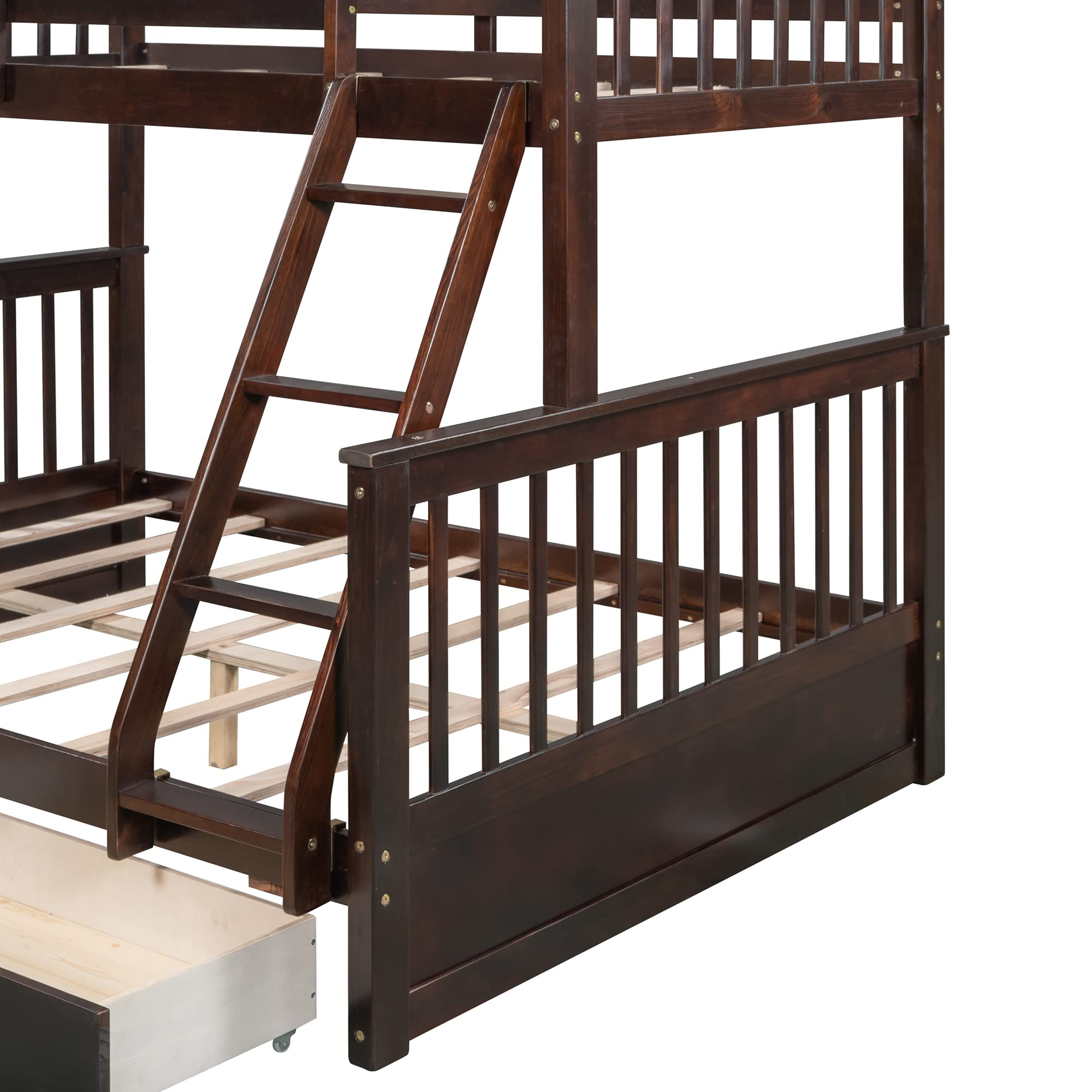 Solid Wood Twin Over Full Bunk Bed with 2 Storage Drawers - Sturdy Bunk Bed Frame with Guardrails & Ladder for Kids, Teens & Adults - No Box Spring Needed (Espresso) - Perfect for Small Rooms, Guest Rooms & Vacation Homes