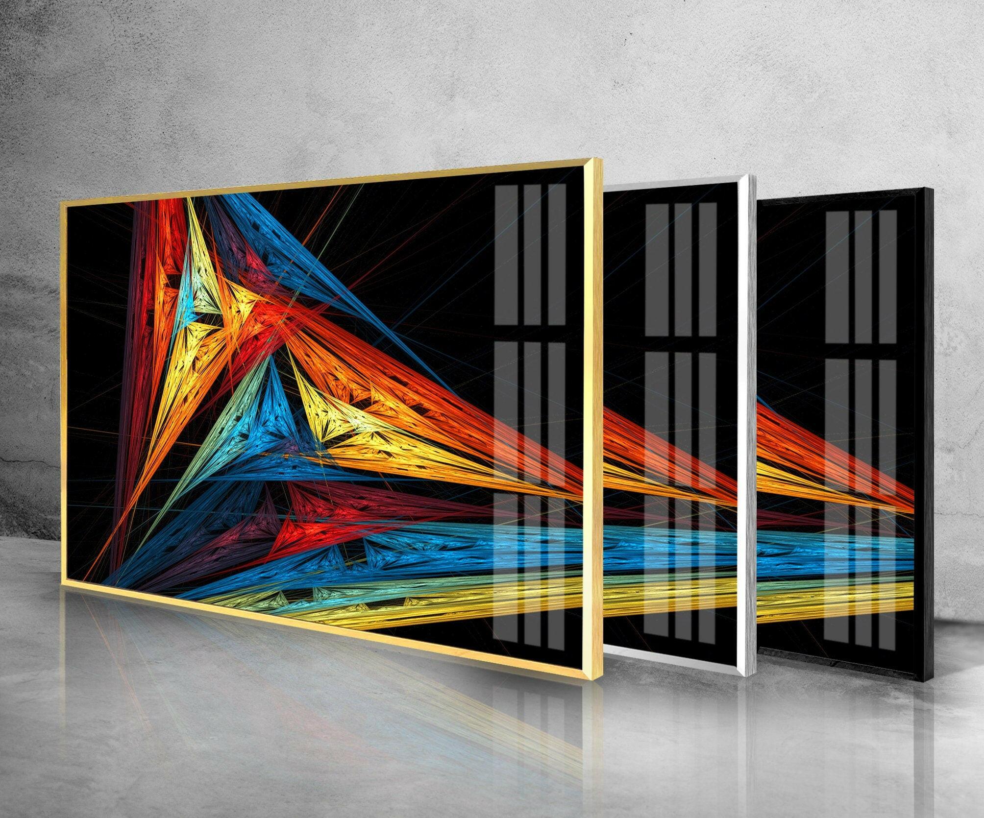 Abstract Triangle Glass Wall Art - Modern Geometric Home Decor for Living Room, Bedroom & Office - Handmade Shatterproof Glass Panel with Adhesive Hooks for Easy Installation