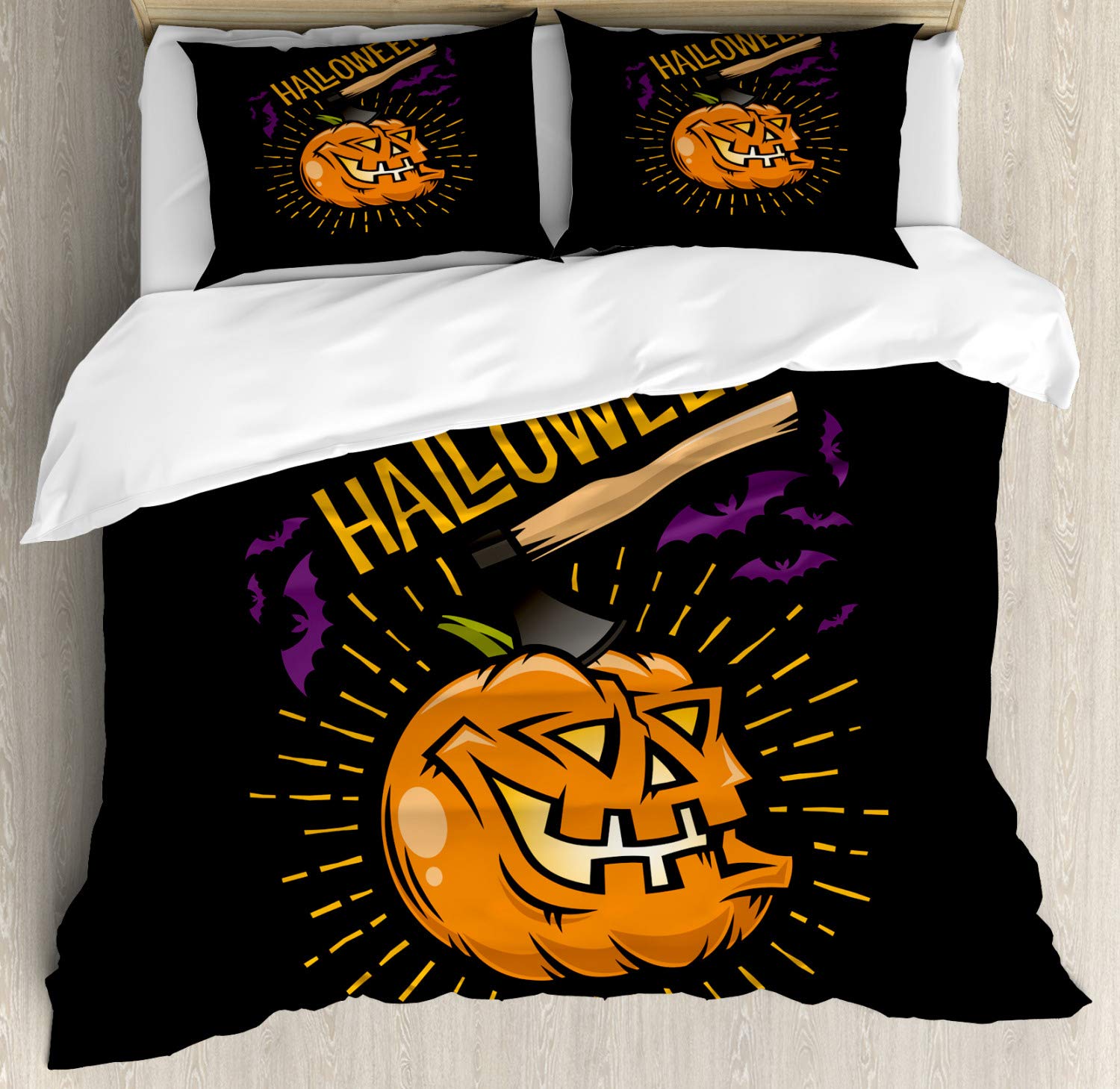 Ambesonne Halloween Duvet Cover Set - Scary Smiling Pumpkin with Tool & Flying Purple Bats, 3-Piece Queen Size Bedding Set with 2 Pillow Shams in Charcoal Grey & Orange | Spooky Bedroom Decor for Halloween Parties & Themed Rooms