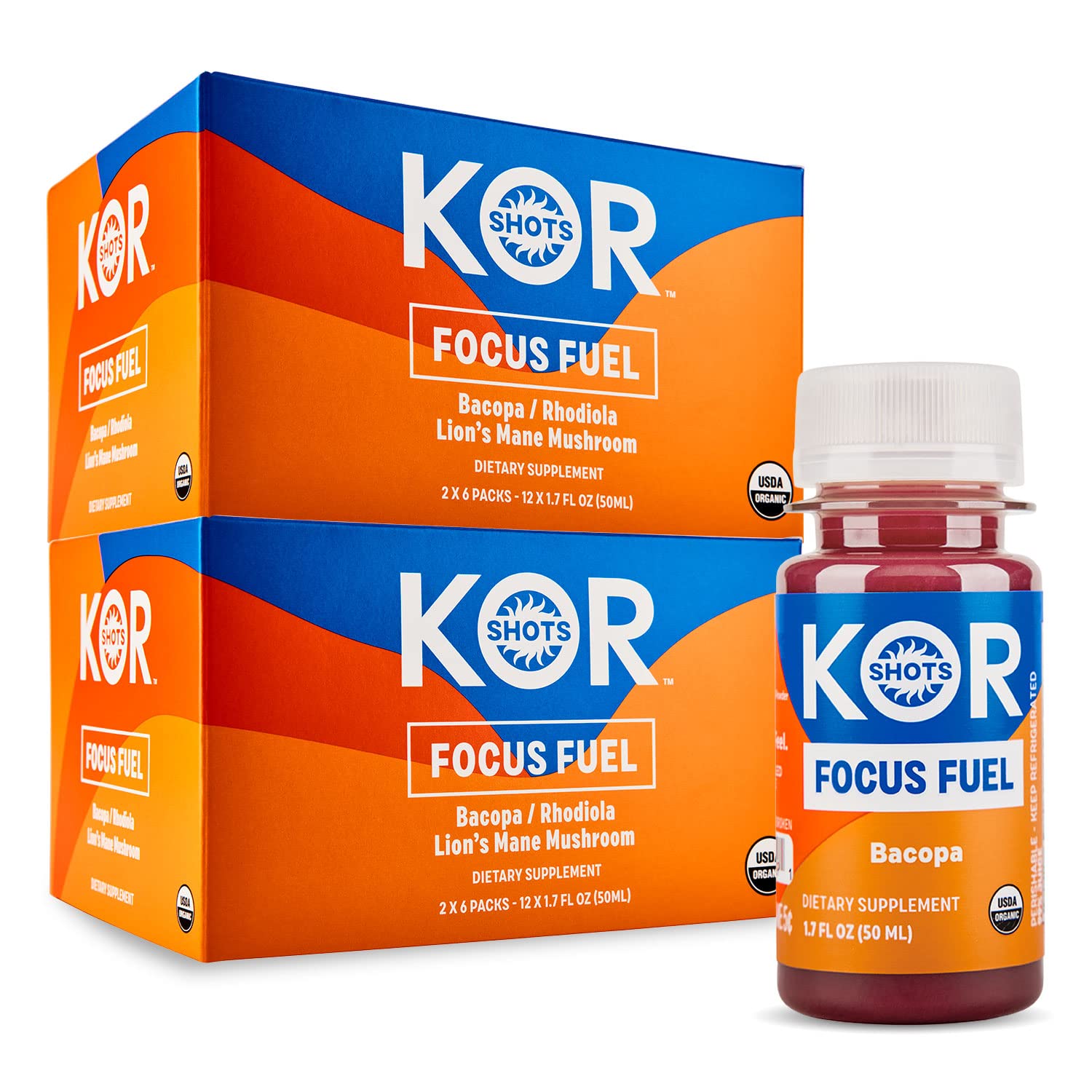 Organic KOR Shots Bacopa Shot - 24 Pack x 1.7 Fl Oz - Brain Booster with Bacopa Root, Rhodiola & Lion's Mane Mushroom - USDA Certified Organic - Perfect for Work, Study & Mental Focus