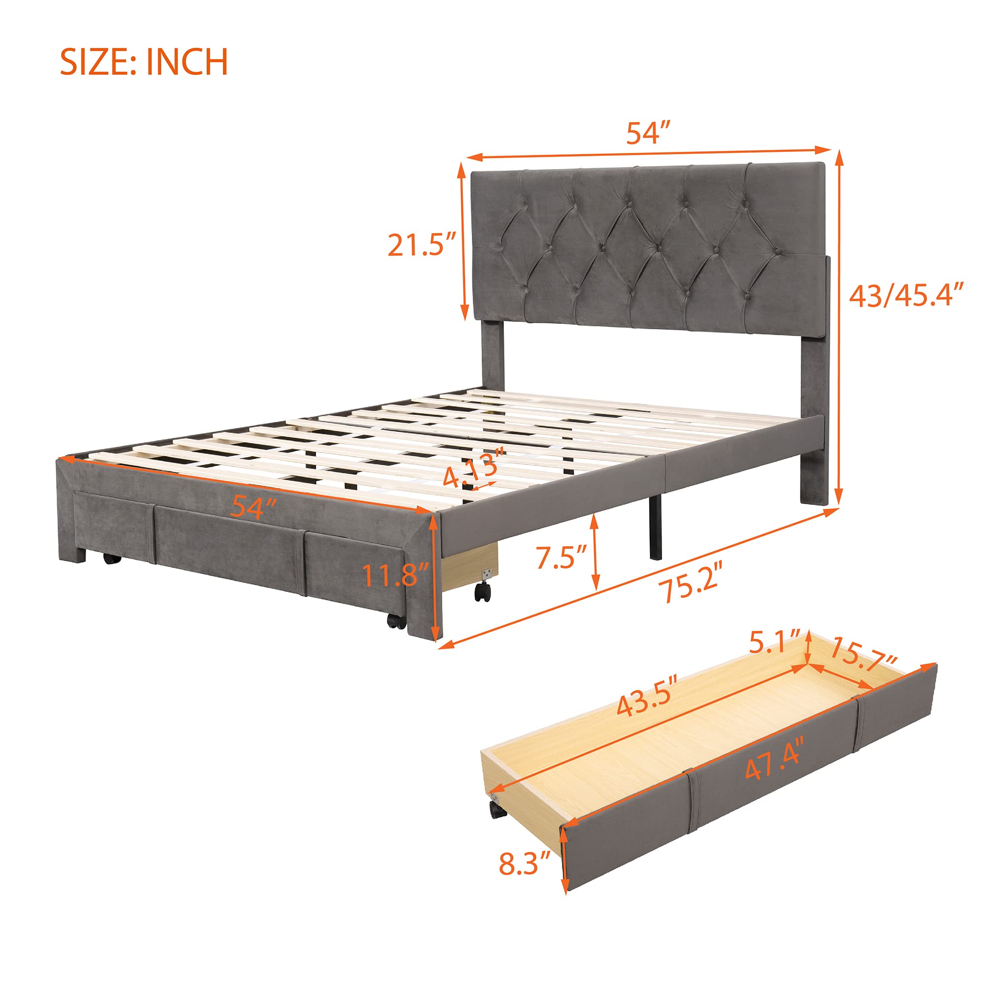 Merax Full Storage Bed Frame with Adjustable Headboard - Grey, No Box Spring Needed for Bedrooms