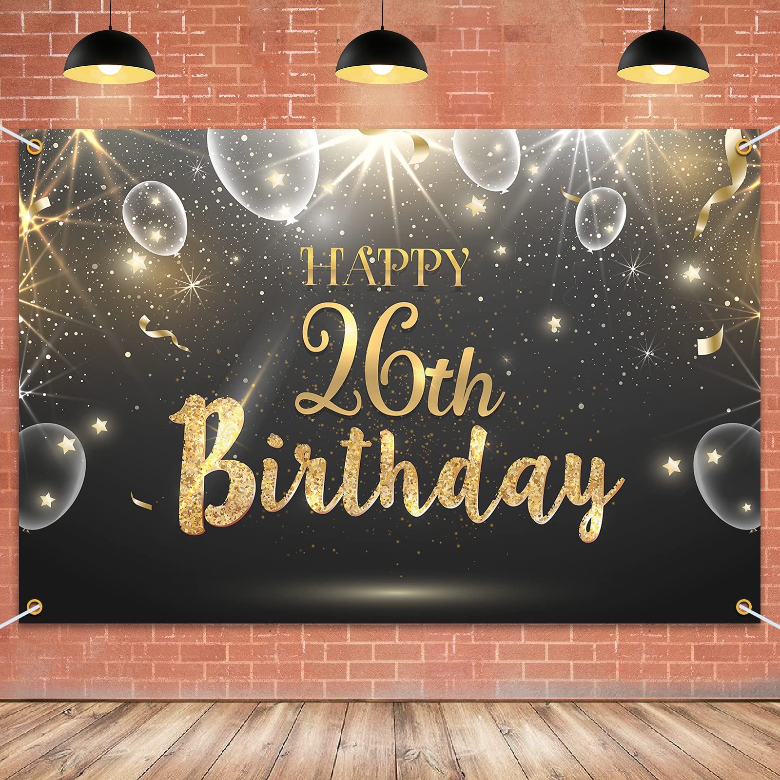 Happy 26th Birthday Glitter Banner Backdrop - 6x4ft Black Gold Shining Party Decor for Women & Men | Perfect for Birthday Celebrations, Photo Booths & Anniversary Parties