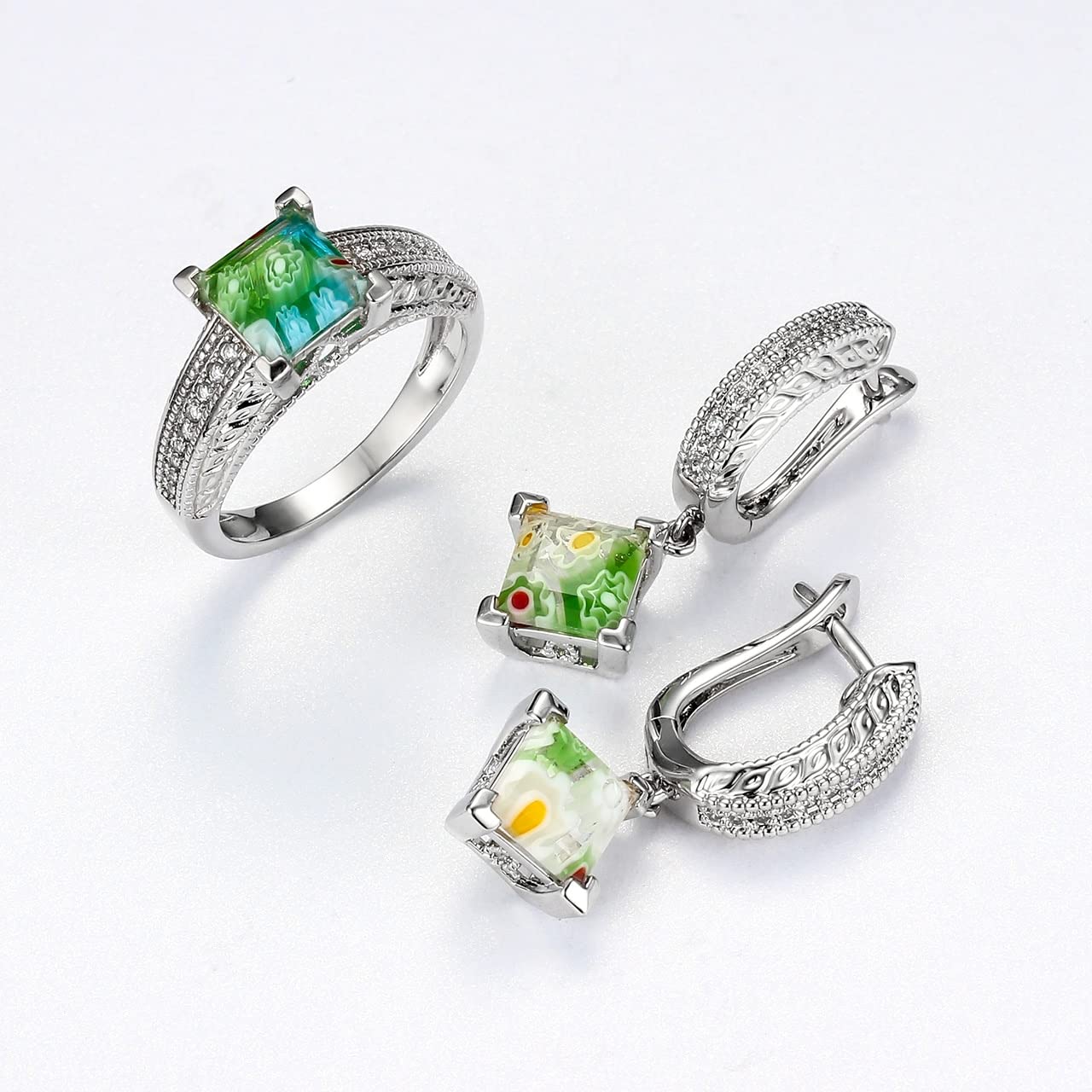Murano Style Millefiori Glass Flower Square Floral Rhodium Plated Jewelry Set - Ring & Stud Earrings for Women | Unique Birthday Gifts, Anniversary Present, Mother's Day Gift Idea | Perfect for Weddings, Parties & Special Occasions