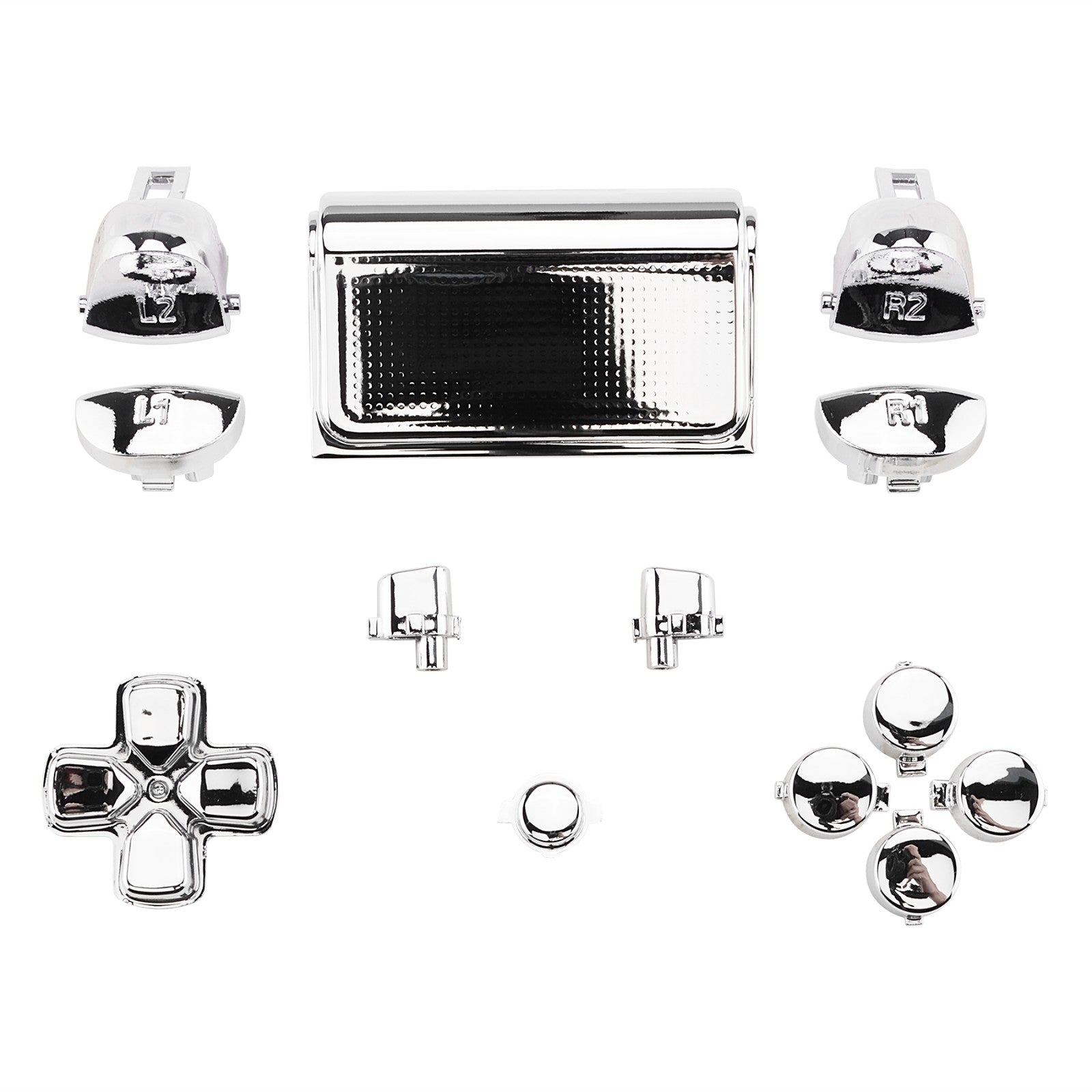 eXtremeRate Chrome Silver Replacement D-Pad & Buttons Kit for PS4 Slim/Pro Controller - Includes R1 L1 R2 L2 Triggers, Touchpad, Action, Home, Share & Options Buttons - Full Repair Set with Tools (Model CUH-ZCT2) - Perfect for Controller Repair & Gaming Enhancement