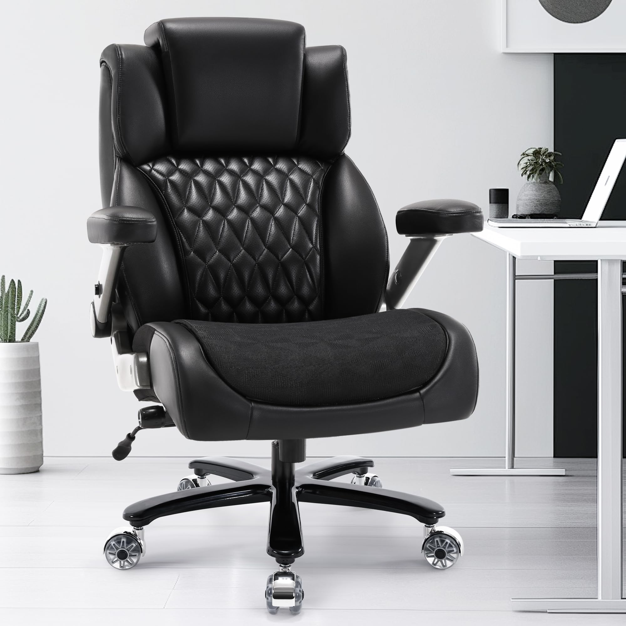 500lbs Heavy Duty Big and Tall Office Chair - Adjustable Headrest & Wide Mesh Seat, Ergonomic High Back Computer Chair with Lumbar Support, 3D Flip Arms & Oversized Wheels - Large Executive Desk Chair for Adults - Perfect for Home Office, Gaming & Workspaces