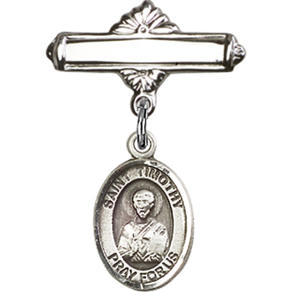 St. Timothy Sterling Silver Baby Badge Charm - 1 X 5/8 Inch Polished Pin for Christening, Baptism & First Communion Gifts