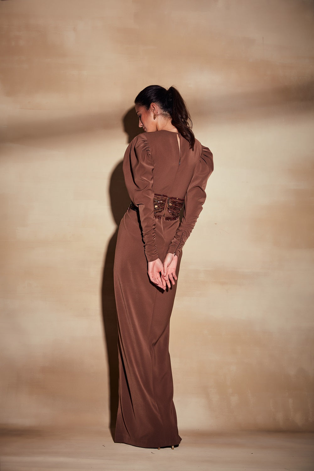 Elegant Dark Tan Dress with High Slit - Perfect for Evening Parties, Date Nights & Special Occasions