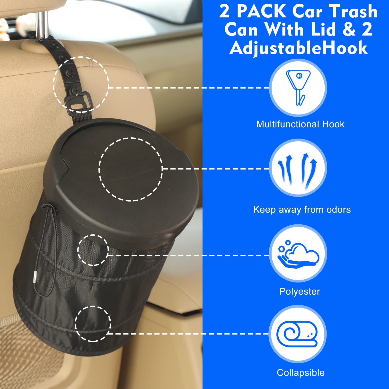 2 Pack Collapsible Car Trash Can with Lid - Portable Travel Garbage Bin with 2 Seat Hooks - Universal Fit for Cars, SUVs & Trucks (6.3x6.3x8.1 Inch, Black) - Perfect for Road Trips, Commuting & Keeping Your Vehicle Clean