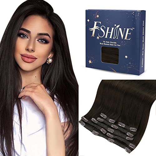 Fshine 16 Inch Dark Brown Clip in Human Hair Extensions - 7pcs Double Weft Soft Straight Remy Hair (120g) for Daily Styling, Parties & Special Occasions