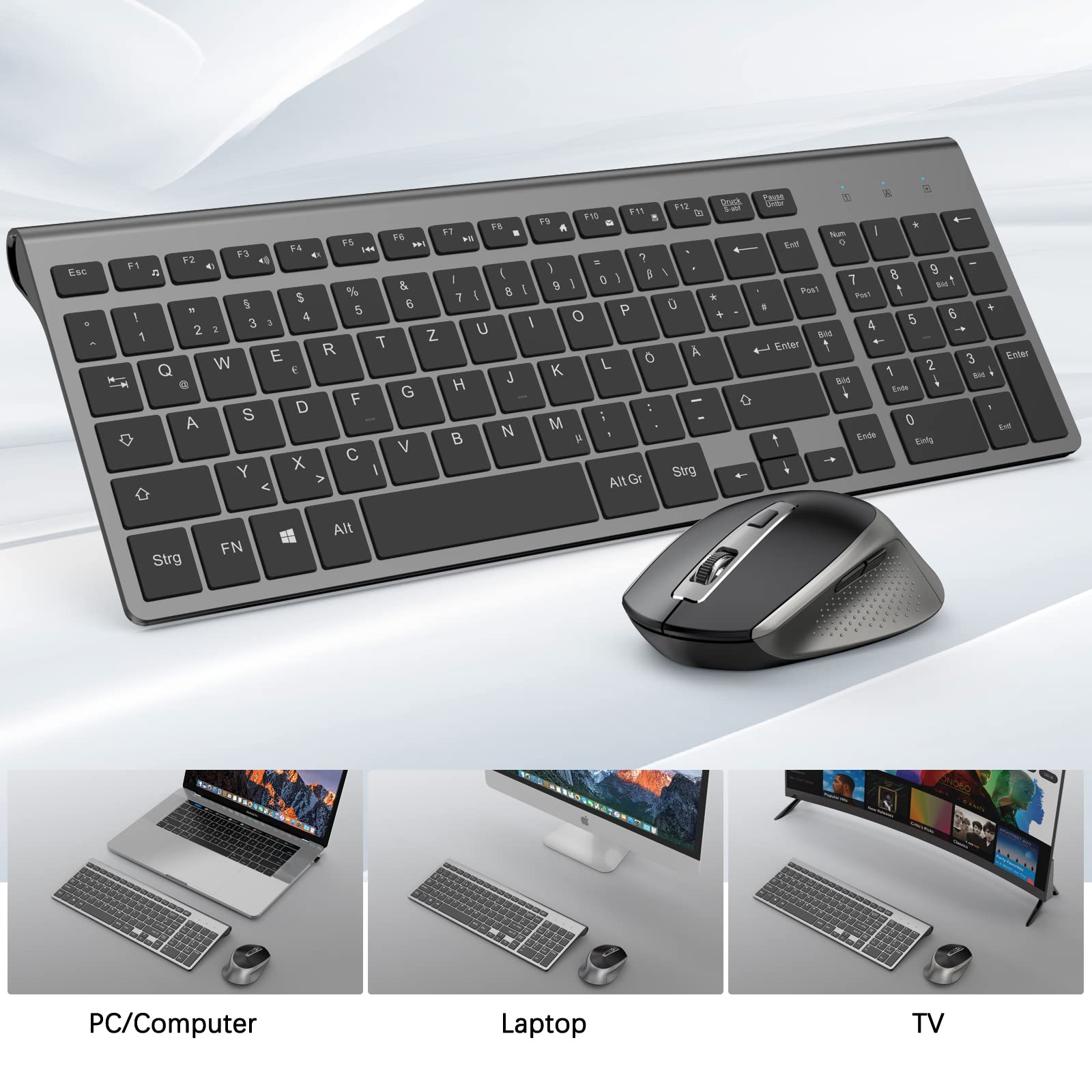 JOYACCESS Wireless Keyboard and Mouse Set, 2.4G Ultra-Thin Keyboard with Mouse, QWERTZ Layout (German), Ergonomic Keyboard Mouse Combo for Computer/Desktop/PC/Laptop - Windows 10/8/7, Black & Gray - Perfect for Office, Home, and Gaming Use