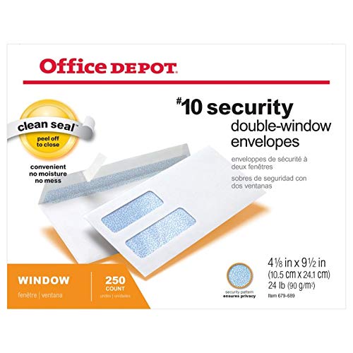 Office Depot #10 Double Window Envelopes (4 1/8 x 9 1/2 Inches) - White Clean Seal Business Envelopes - Pack of 250 for Mailing, Invoices & Business Correspondence - Model 77139