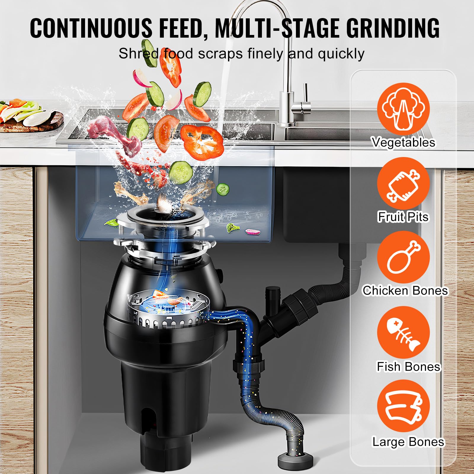 VEVOR 3/4 HP Continuous Feed Garbage Disposal - 3260 RPM Food Waste Disposer with Sound Reduction, 3-Bolt Mount & Splash Guard - Powerful Kitchen Sink Grinder for Everyday Food Scraps & Leftovers (Ideal for Homes, Restaurants & RVs)
