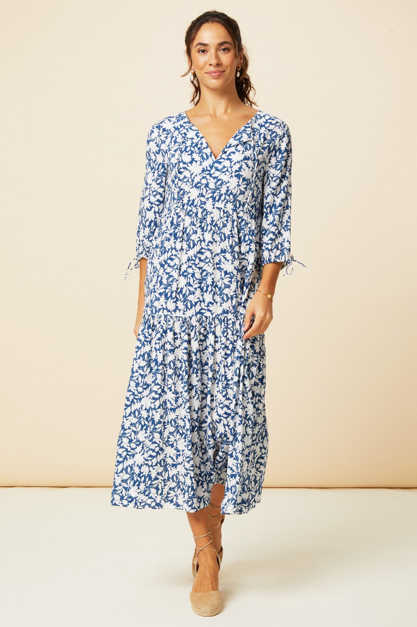 Virginia EcoVero™ Midi Dress - Sustainable Navy & White Floral Summer Dress for Women | Beach Wedding, Garden Party & Casual Outings