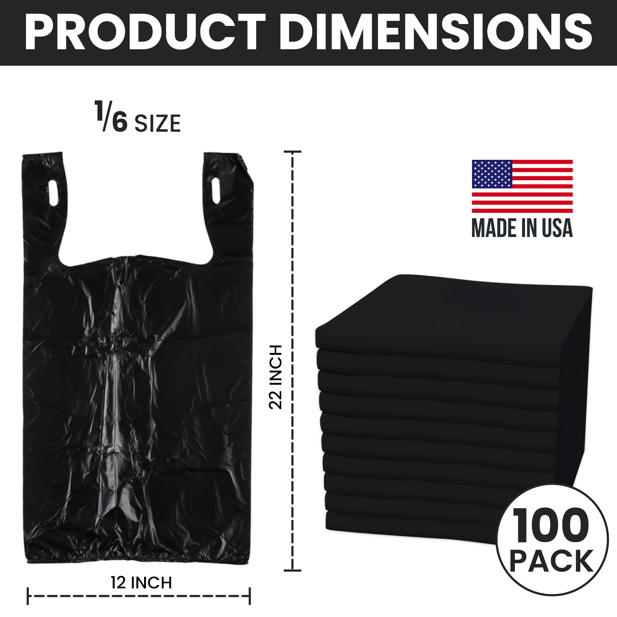100 Pack Black Plastic Grocery Bags with Handles - Biodegradable Shopping Bags Bulk for Groceries, T-Shirts & Produce - Eco-Friendly Thank You Bags for Retail Stores, Farmers Markets & Home Use