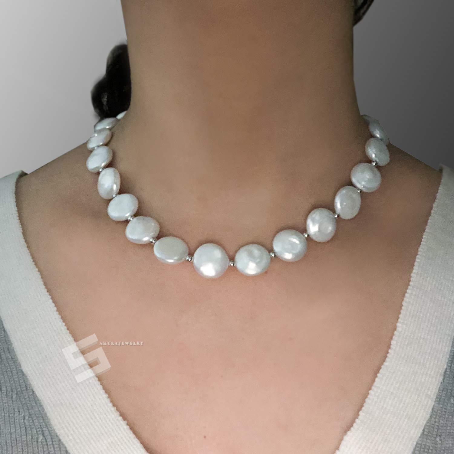 Elegant Coin Pearls & Sterling Silver Choker Necklace – Freshwater Cultured Biwa Pearls with Secure Silver Clasp | Perfect for Bridal, Wedding, and Special Occasions