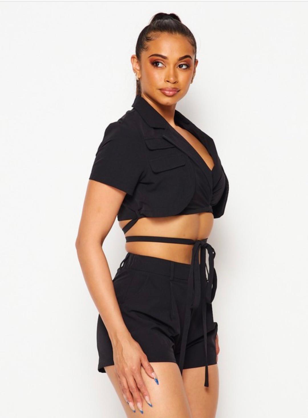 Marisa Women's Short Sleeve Top & Shorts Set - Black Summer Outfit for Casual Wear, Beach Vacation, and Lounge