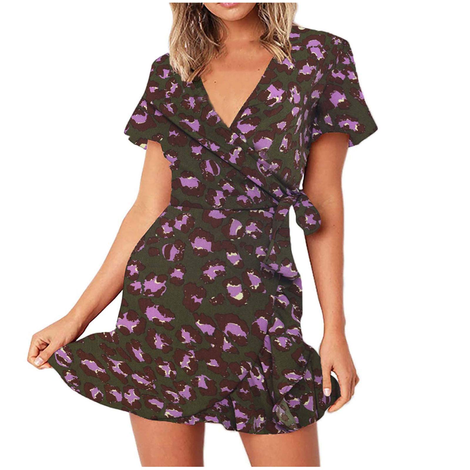 Kinrui Women's Casual Leopard Print Wrap Dress - V Neck Ruffled Short Sleeve Bodycon Summer Dress for Party, Date Night & Beach Vacation