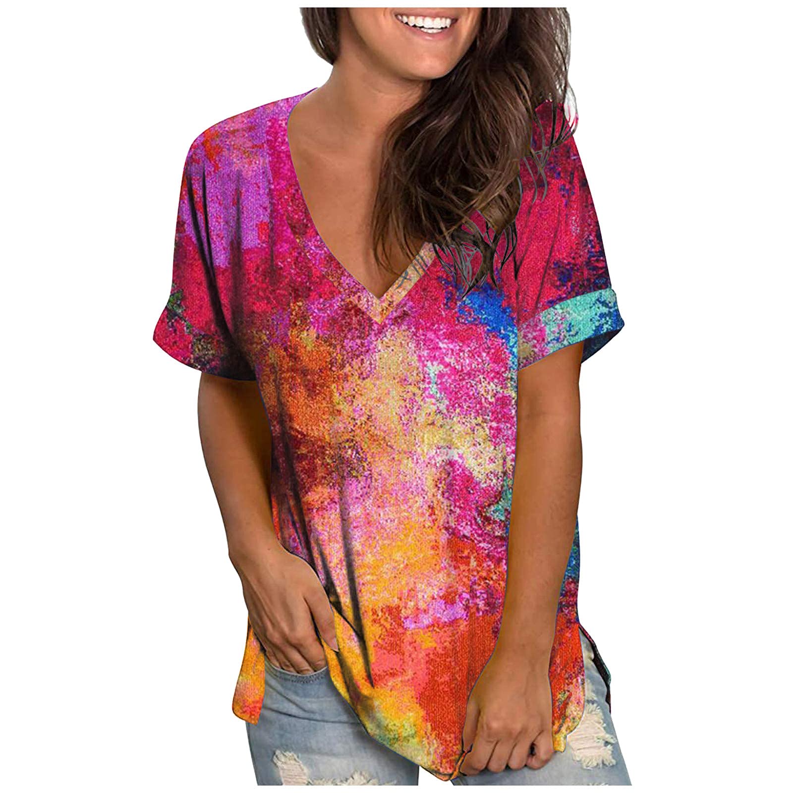 Stylish Women's Summer Short Sleeve Tie-Dye Tops - Casual Colorful Printed Blouse Tunic for Beach, Vacation & Everyday Wear | Aiouios