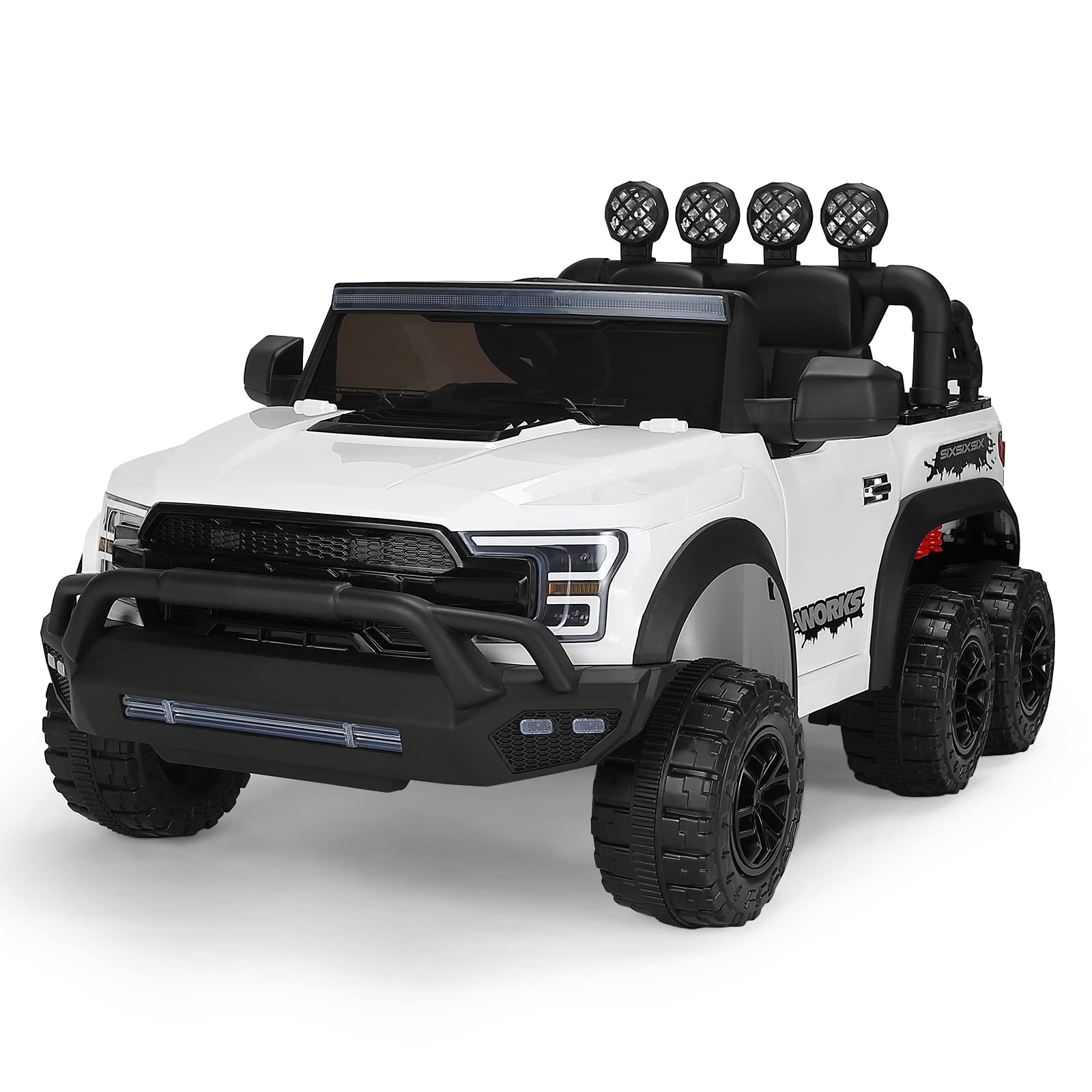 MengK Electric 12V Battery-Powered Kids Ride On Truck Car - White Pickup Toy with Remote Control, LED Lights & MP3 Player - 6-Wheel All-Terrain Vehicle for Outdoor Play and Backyard Adventures