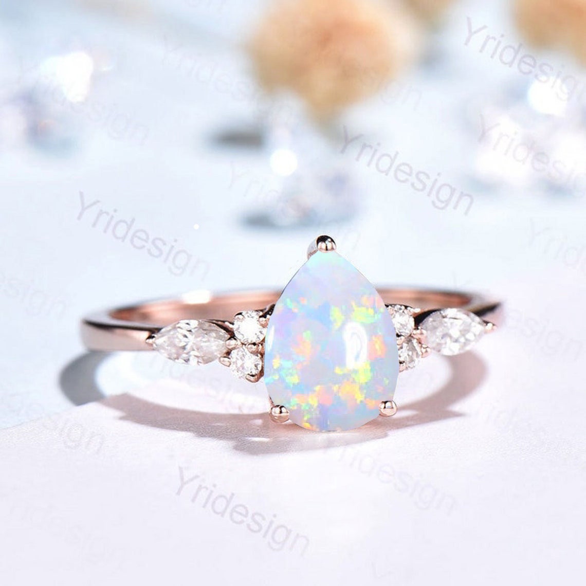 Vintage Pear-Shaped Opal & Ruby Engagement Ring in Rose Gold - 7-Stone Cluster Promise Ring, October Birthstone Jewelry for Women - Perfect for Anniversaries, Weddings & Special Occasions
