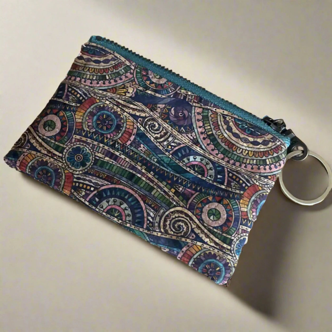 Zippered Coin Key Pouch - Teal Cork Mosaic & Antique Design | Compact Wallet for Cash, Cards & Keys | Perfect for Travel, Shopping & Everyday Use