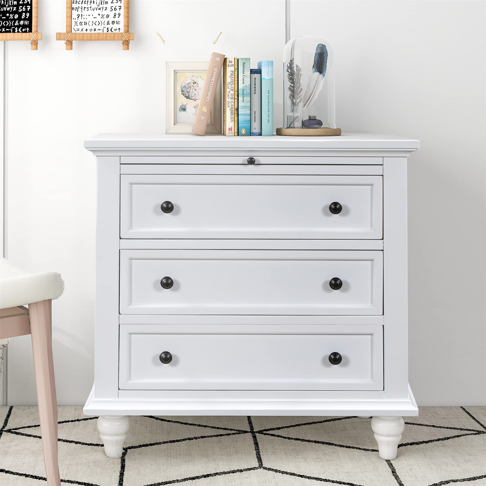 White 3-Drawer Nightstand with Pull-Out Tray - Wooden Bedside Table & Storage Cabinet for Bedroom, Living Room, Hallway | Fully Assembled Sofa Side Chest - Perfect for Organizing Clothes, Books & Bedroom Essentials