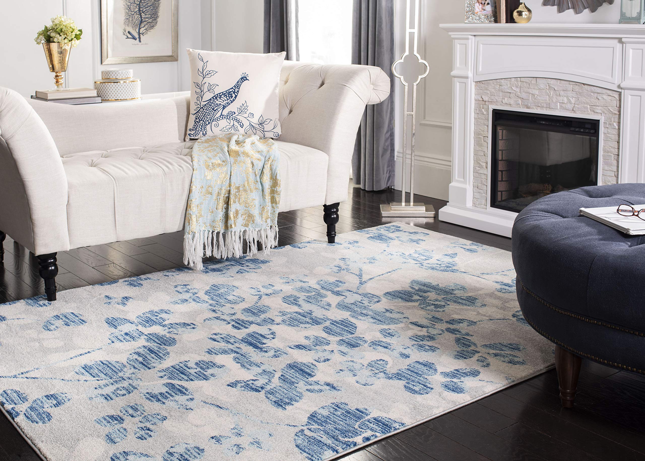 SAFAVIEH Evoke Collection 8' x 10' Floral Area Rug - Soft Non-Shedding, Grey & Light Blue (EVK236J) for Living Room, Bedroom, Dining & Home Office Decor
