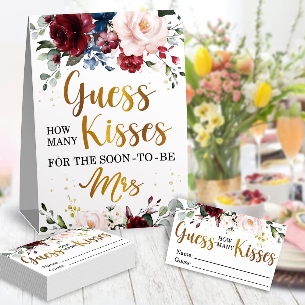 Guess How Many Kisses in The Jar Bridal Shower Game - Floral Wedding Shower Activity with 1 Sign & 50 Cards Set - Perfect for Bachelorette Parties, Bridal Decorations and Fun Wedding Games