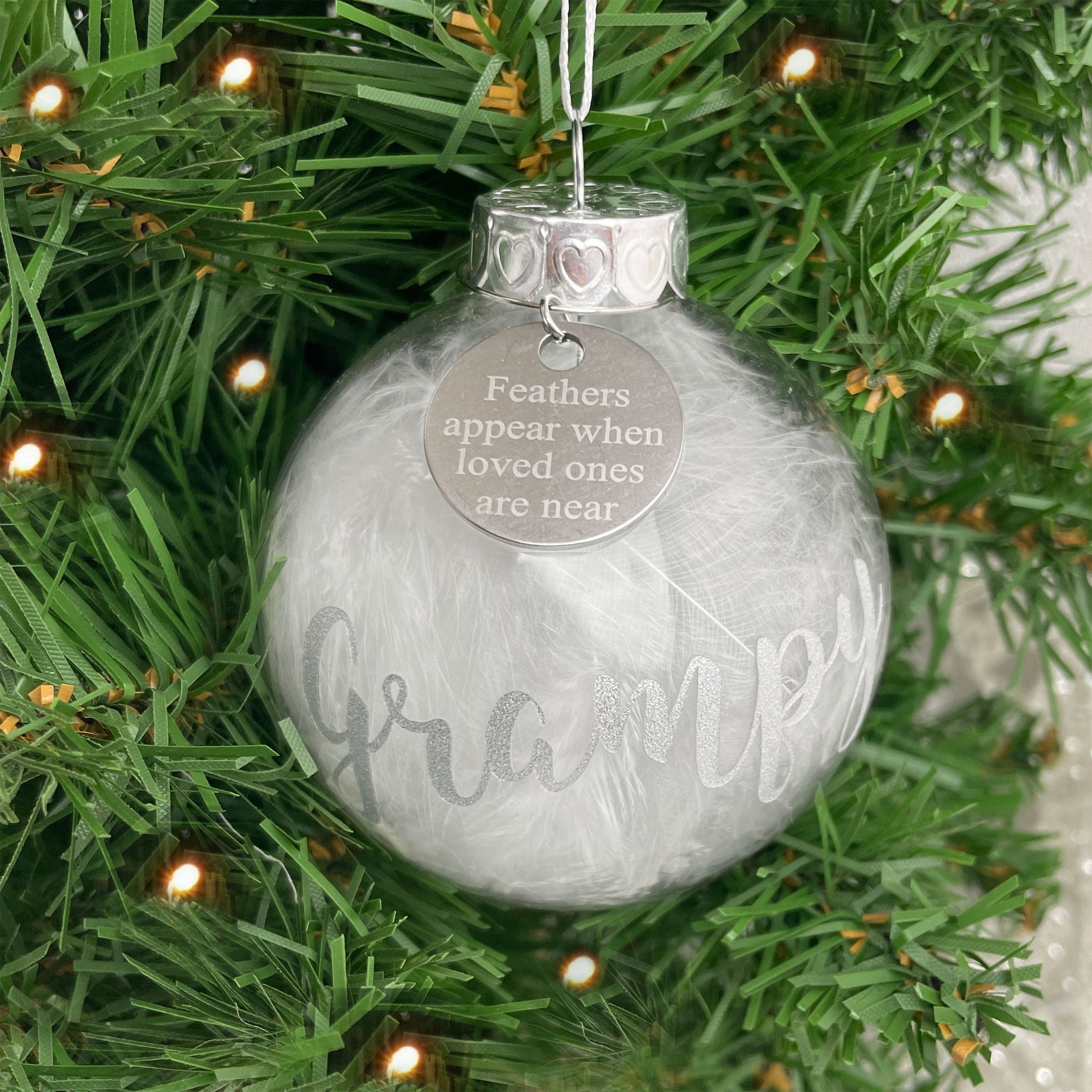 Personalized White Feather Filled Glass Memorial Ornament with Engraved Charm - Perfect for Christmas Tree Decor, Sympathy Gift, or Keepsake for Loved Ones