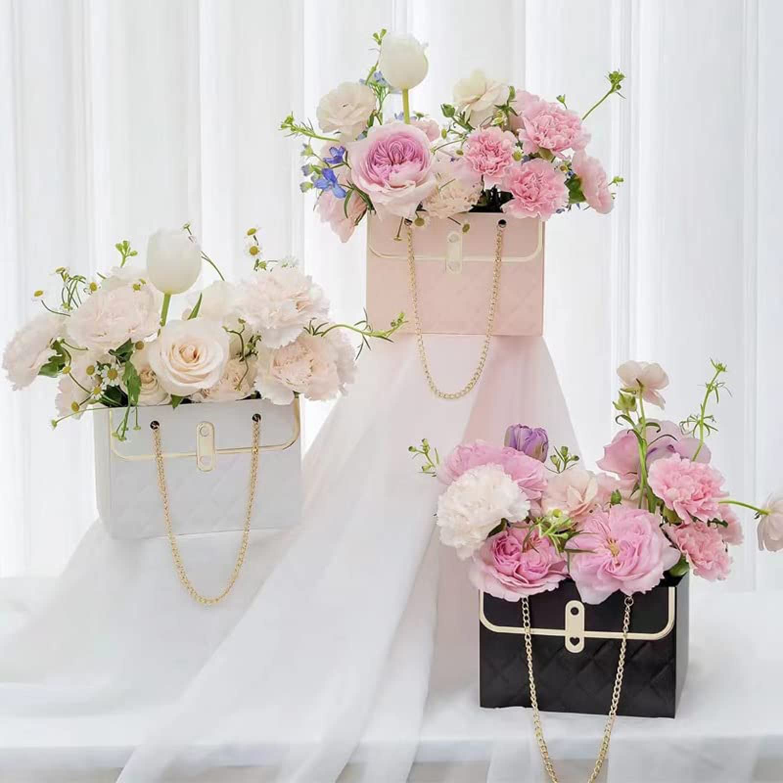 Gavaxer 4PCs Black Floral Gift Bags with Handles - Elegant Bouquet Wrapping Bags for Weddings, Mother's Day, Father's Day & Special Occasions - Perfect for Florists, Gift Presentation & Party Decor (4-Piece Set)