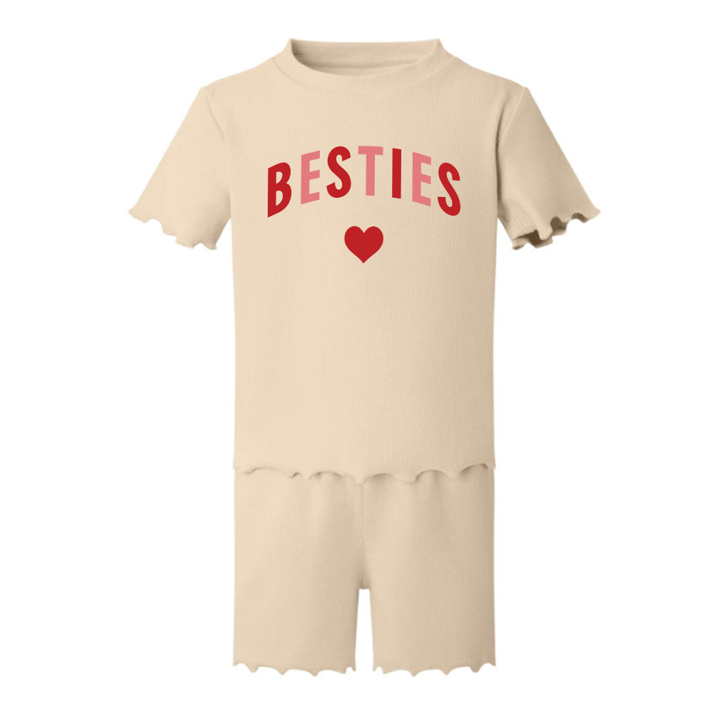 Besties Love Hearts Rib T-Shirt & Short Set - Matching Outfits for Couples, BFFs, and Sisters - Perfect for Valentine's Day, Friendship Day, and Casual Wear