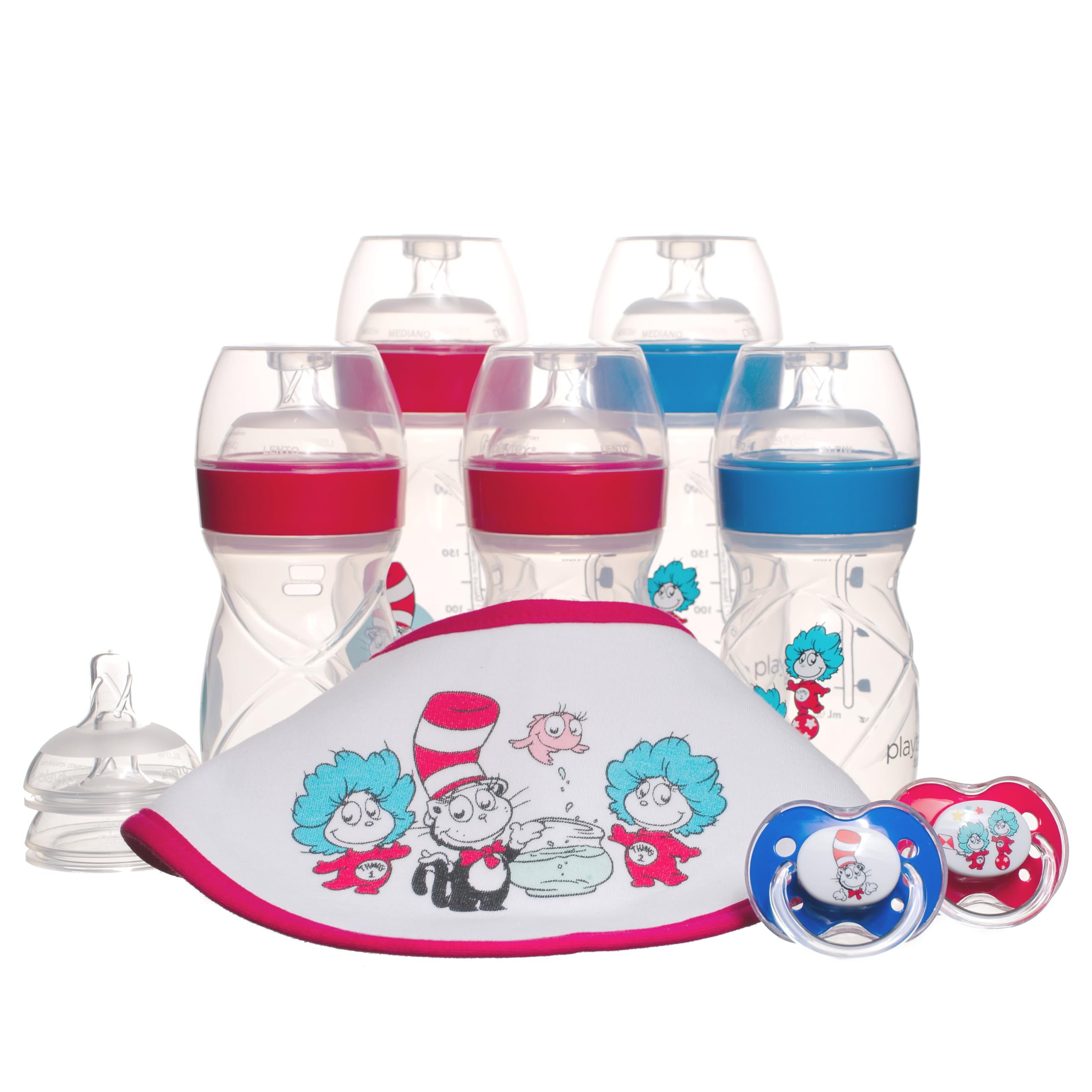 Playtex Baby Dr. Seuss Gift Set - 2 Pacifiers, 3X 4oz & 2X 8oz Baby Bottles, 1 Cloth Bib, 2 Extra Nipples, 60 Disposable Drop-Ins Liners | Newborn Essentials for Feeding & Soothing | Perfect Baby Shower Gift & Travel Set