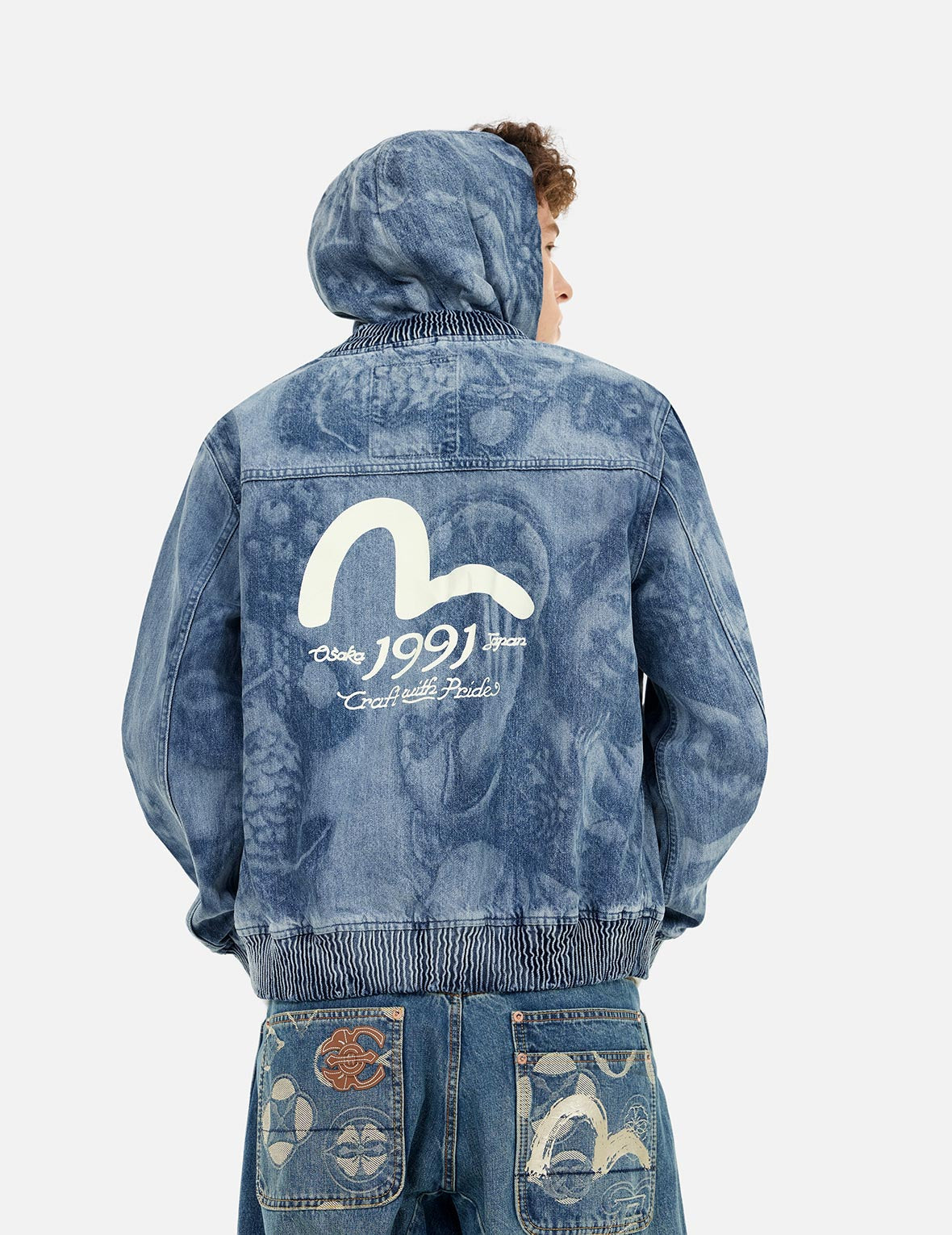 Fisherman Godhead Laser Print Loose Fit Hooded Denim Jacket for Men - Vintage Distressed Streetwear Style for Casual Outfits & Urban Fashion