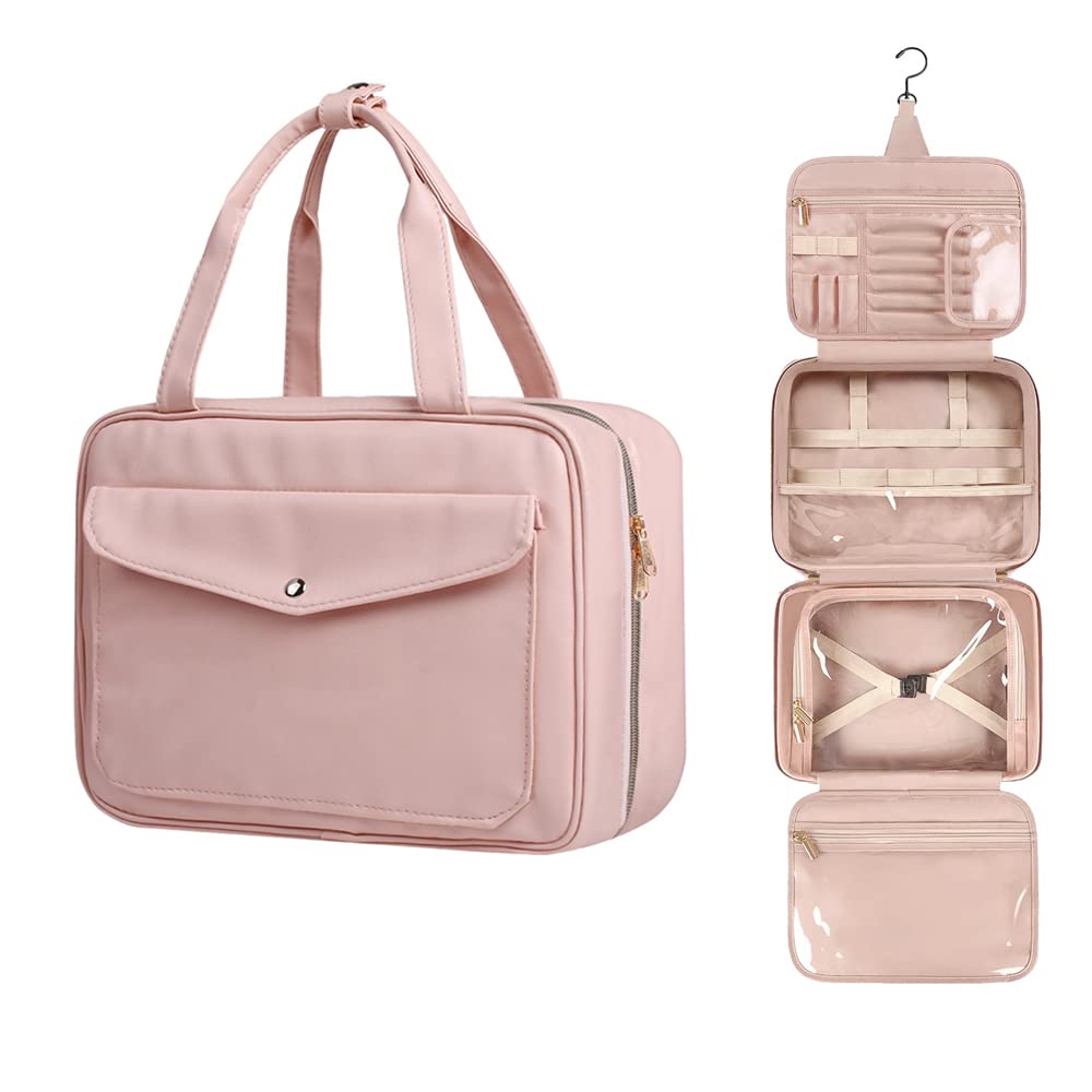 Waterproof Hanging Toiletry Bag for Women - Large Travel Makeup Organizer with Multiple Compartments, Foldable Cosmetic Bag (Pink) - Perfect for Travel, Gym, Camping & Daily Use