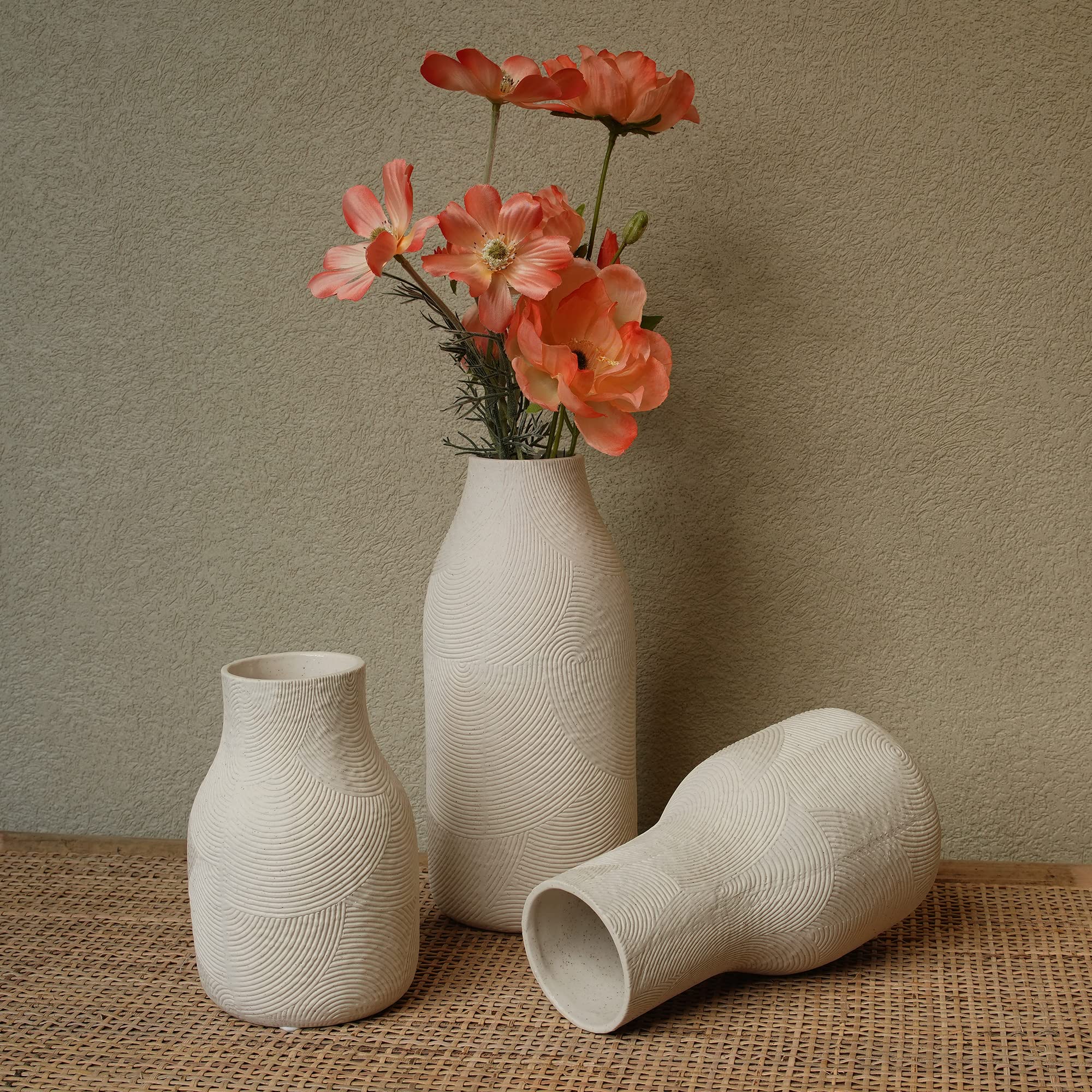 Matte White Ceramic Vase Set of 3 - Textured Home Decor Vases for Flowers, Pampas Grass, and Centerpieces | Boho Chic Living Room, Office & Table Decor | Perfect for Wedding, Housewarming & Interior Design