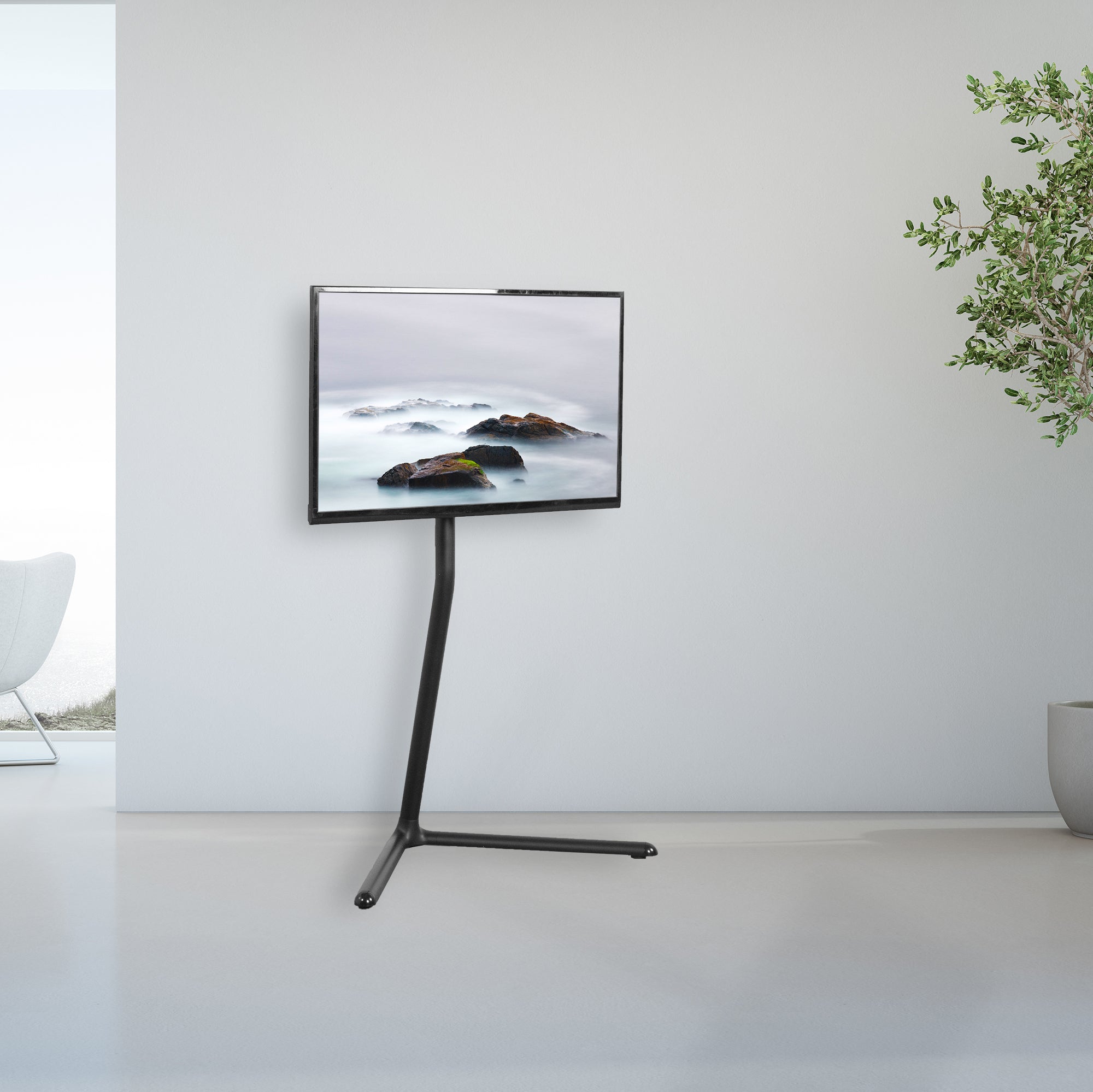 V Base Studio TV Stand for 49 to 70 Inch TVs - Modern Entertainment Center with Storage Shelves for Living Room, Bedroom & Home Theater Setup
