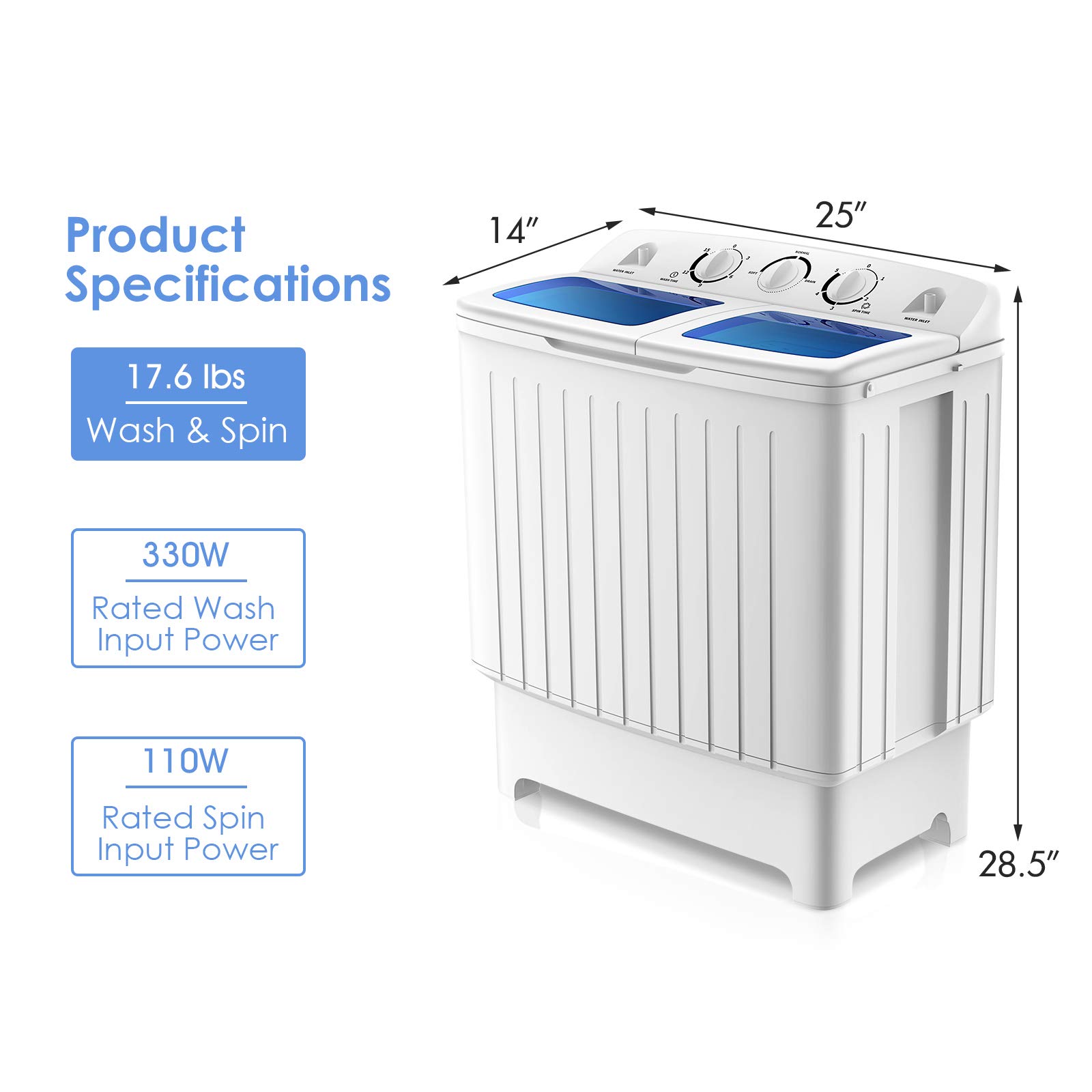 ARLIME 20lbs Portable Twin Tub Washing Machine with Drain Pump - Semi-Automatic Compact Washer (12lbs) & Spinner (8lbs) - Perfect for Apartments, Dorms, RV & Camping - Ideal for Small Spaces, Travel & Off-Grid Living