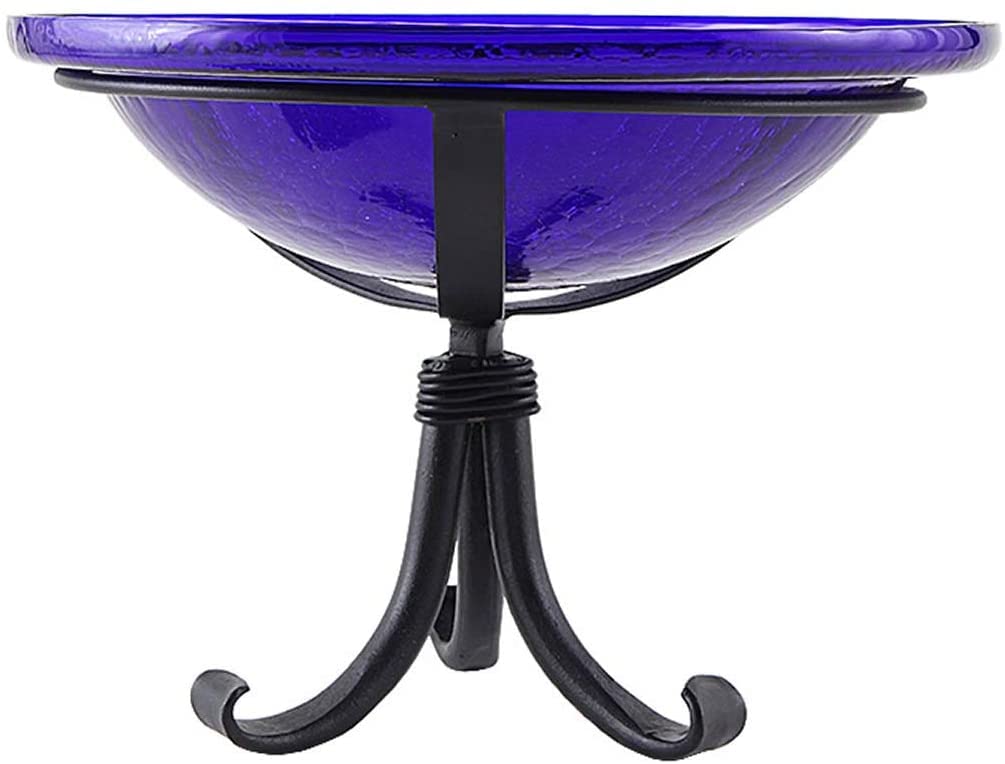 12 Inch Cobalt Blue Crackle Glass Tripod Stand Bird Bath for Garden - Outdoor Decorative Bird Feeder with Elegant Crackle Finish, Perfect for Attracting Birds to Your Backyard or Patio