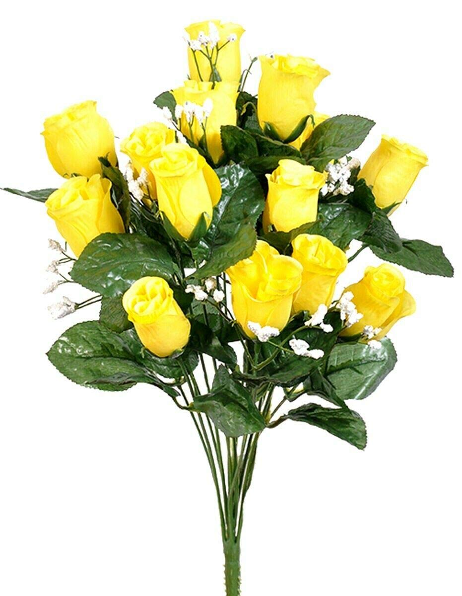 14 Yellow Artificial Rose Buds Bush - Silk Wedding Flowers Bouquet for Wedding Decor, Party, Home & Office Decoration - Realistic Fake Roses for Centerpieces, Table Arrangements and DIY Crafts