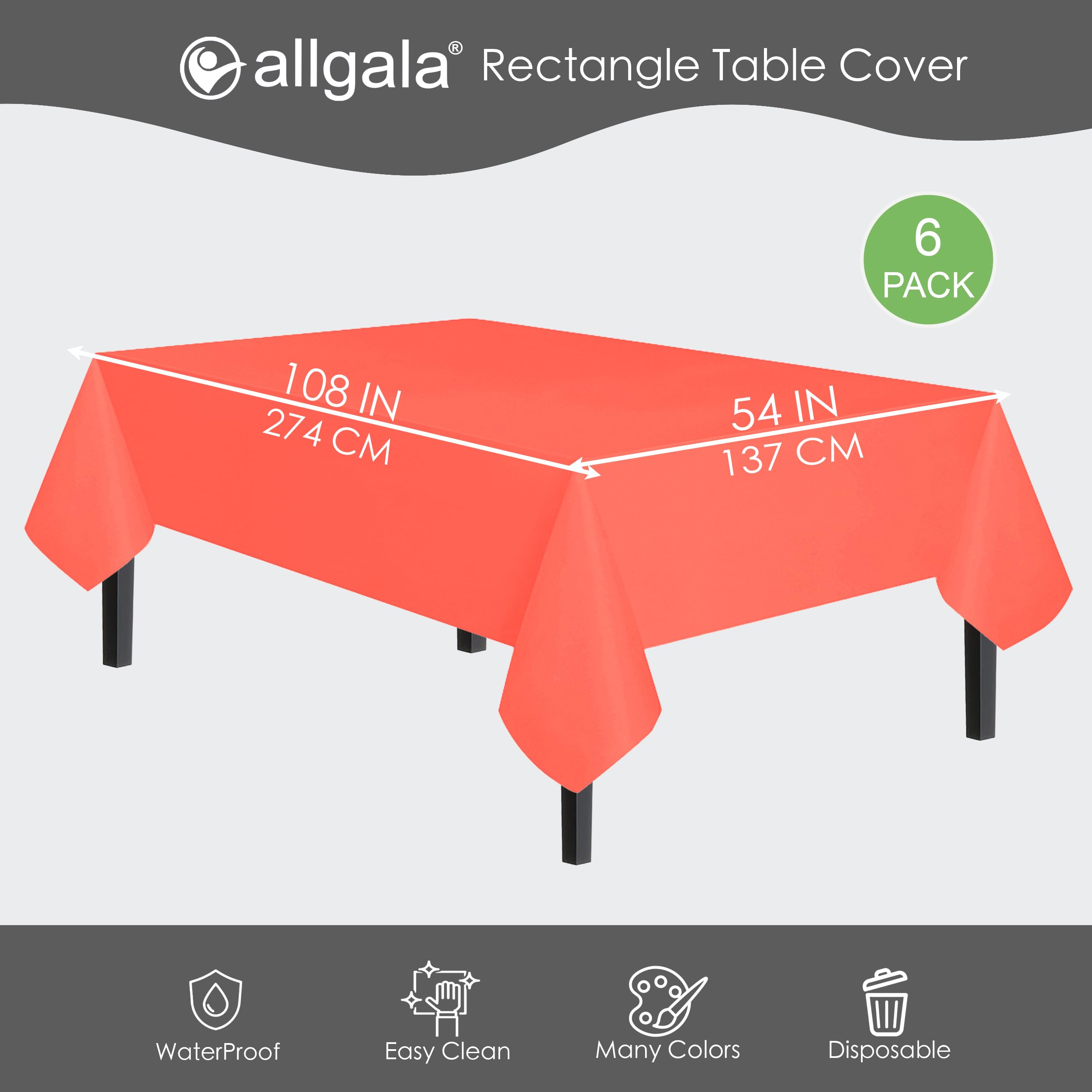 Allgala Waterproof Disposable Tablecloth 6-Pack (54x108 Inches) - Coral - Perfect for Parties, Birthdays, Weddings, Picnics & Home Decor | Durable & Spill-Proof Dining Table Cover for Indoor & Outdoor Events
