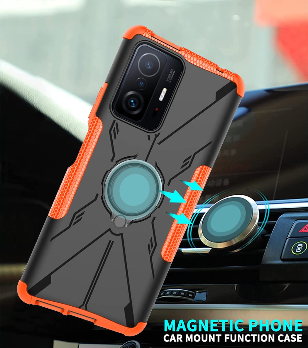Shockproof Phone Case for Xiaomi Mi 11T 5G/Mi 11T Pro 5G (21081111RG) with Tempered Glass Screen Protector & Metal Ring Holder Kickstand - Durable Protective Cover (Orange) - Perfect for Daily Use, Travel, and Outdoor Activities