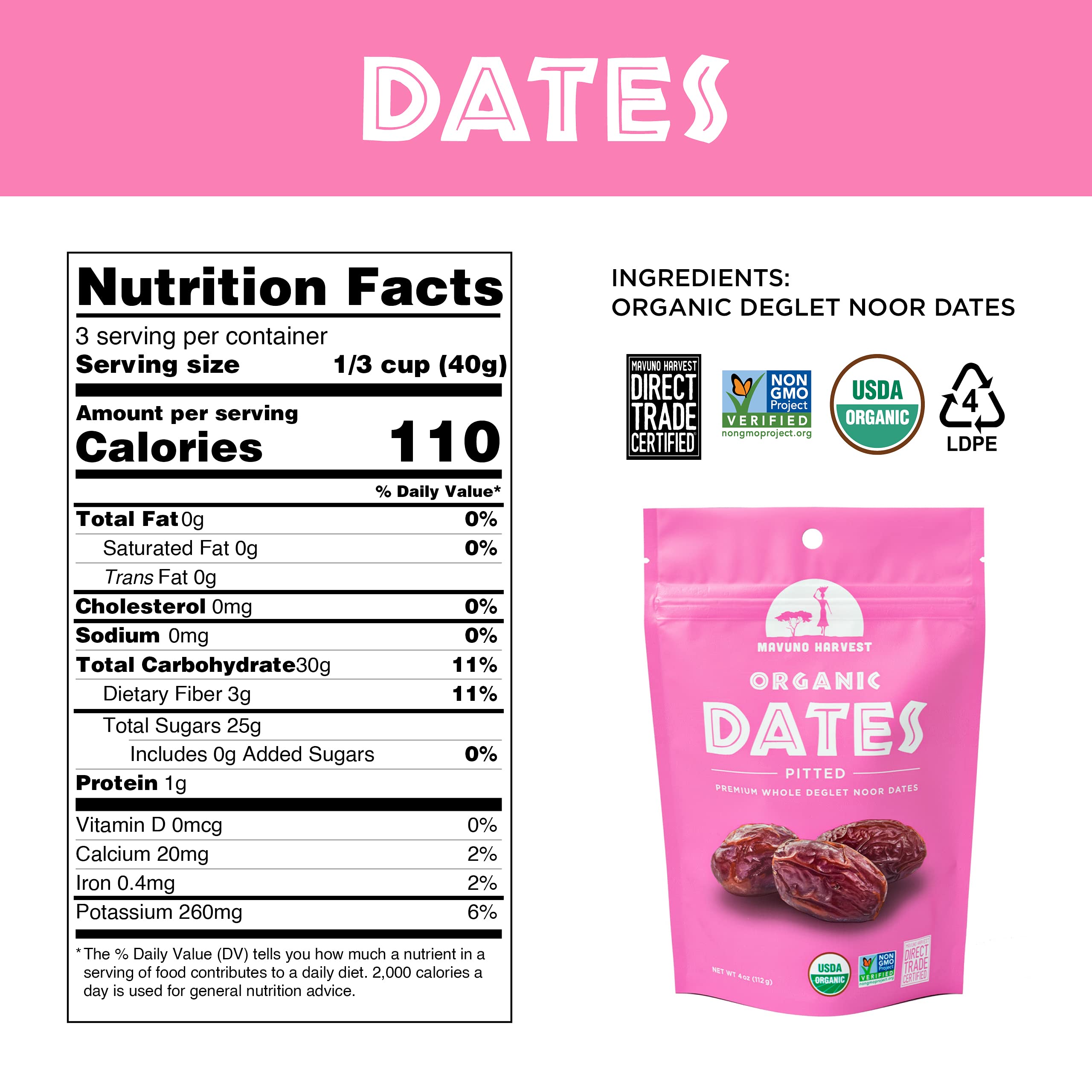 Organic Deglet Noor Pitted Dates - Vegan, Non-GMO Dried Fruit Snacks | No Sugar Added, Resealable 4oz Bags (Pack of 6) | Healthy Snack for Kids & Adults | Perfect for Lunchboxes, Baking, Smoothies & Energy Boosts
