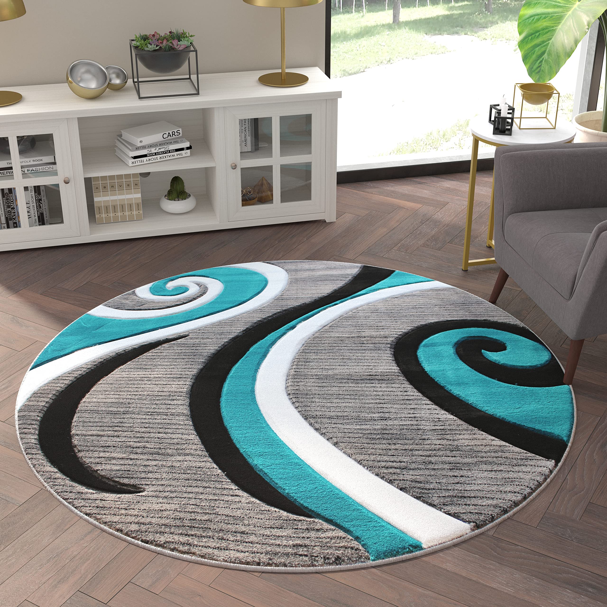 EMMA + OLIVER 5x5 Round Turquoise Contemporary Swirl Pattern Accent Rug - Modal Olefin Fabric with 3D Sculpted Effect & Varied Textures - Stain Resistant with Jute Backing - Perfect for Living Room, Bedroom or Office Decor