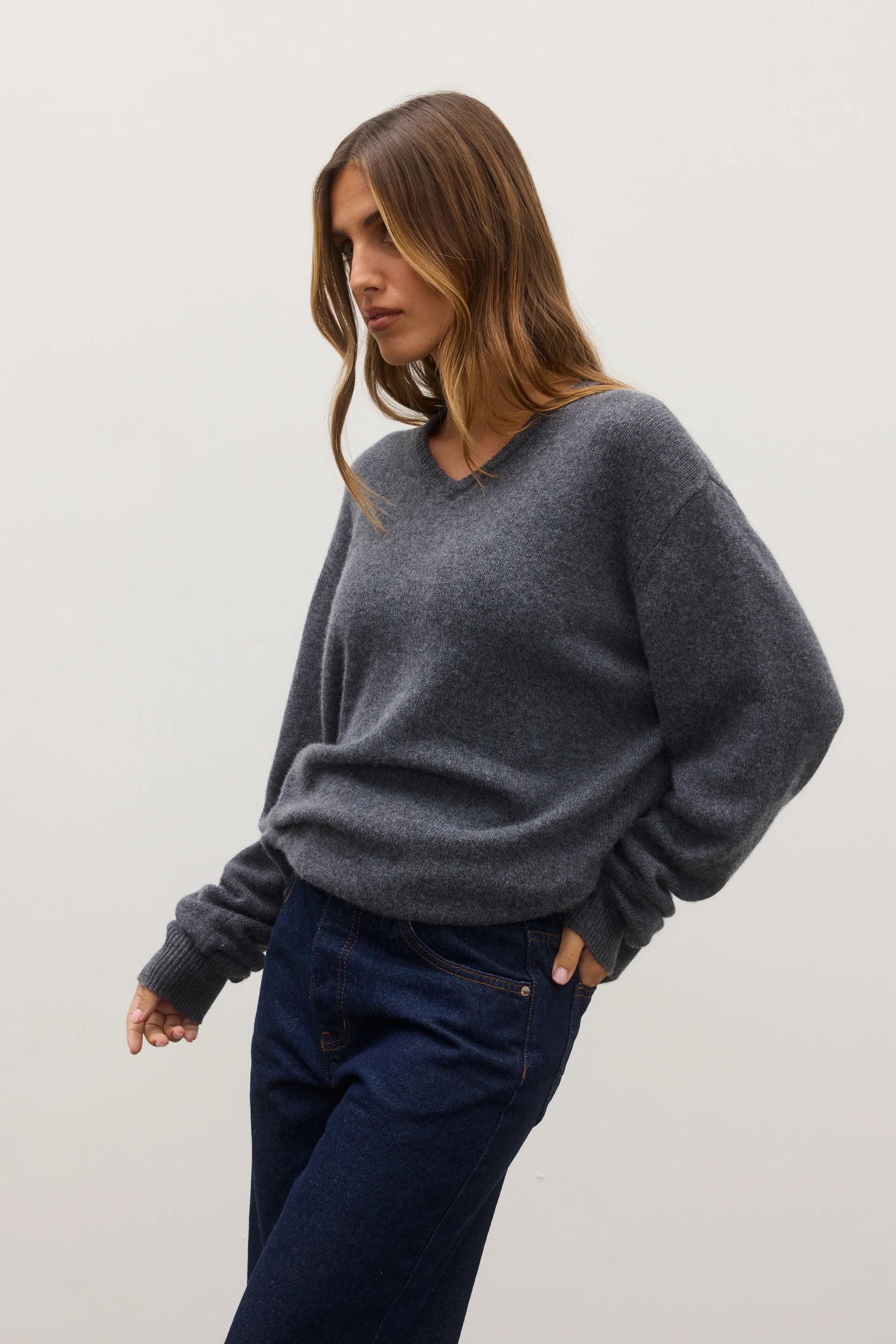BILLIE V Neck Sweater for Women - Soft Knit Pullover, Dark Heather Grey - Perfect for Casual Outfits & Layering in Fall & Winter