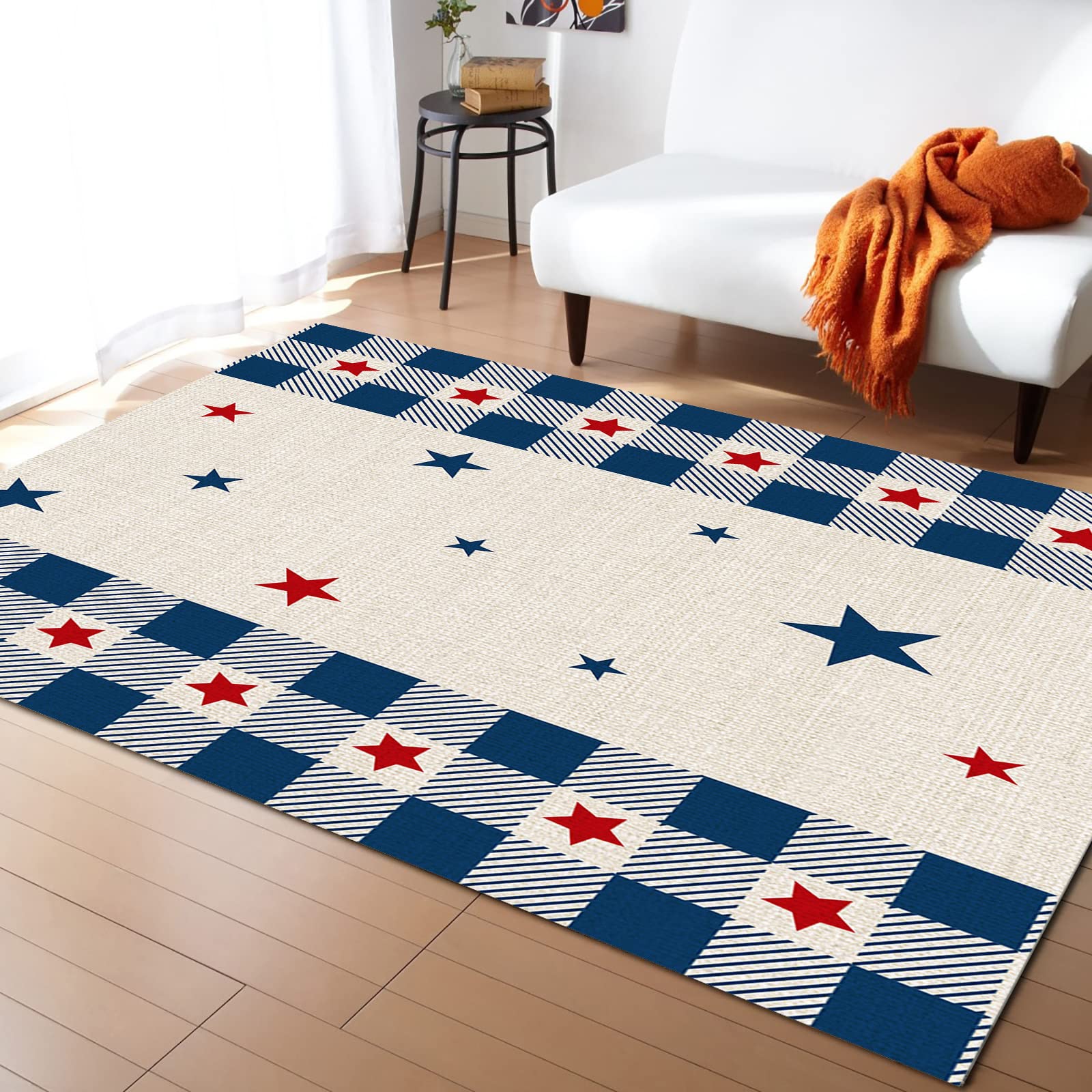 Independence Day Star Navy Blue Buffalo Check Plaid Non-Slip Rectangle Area Rug 4'x6' - Soft Indoor Rug for Bedroom, Living Room, Kids Room & Playroom - Perfect for Home Decor, Holiday Celebrations & Cozy Spaces
