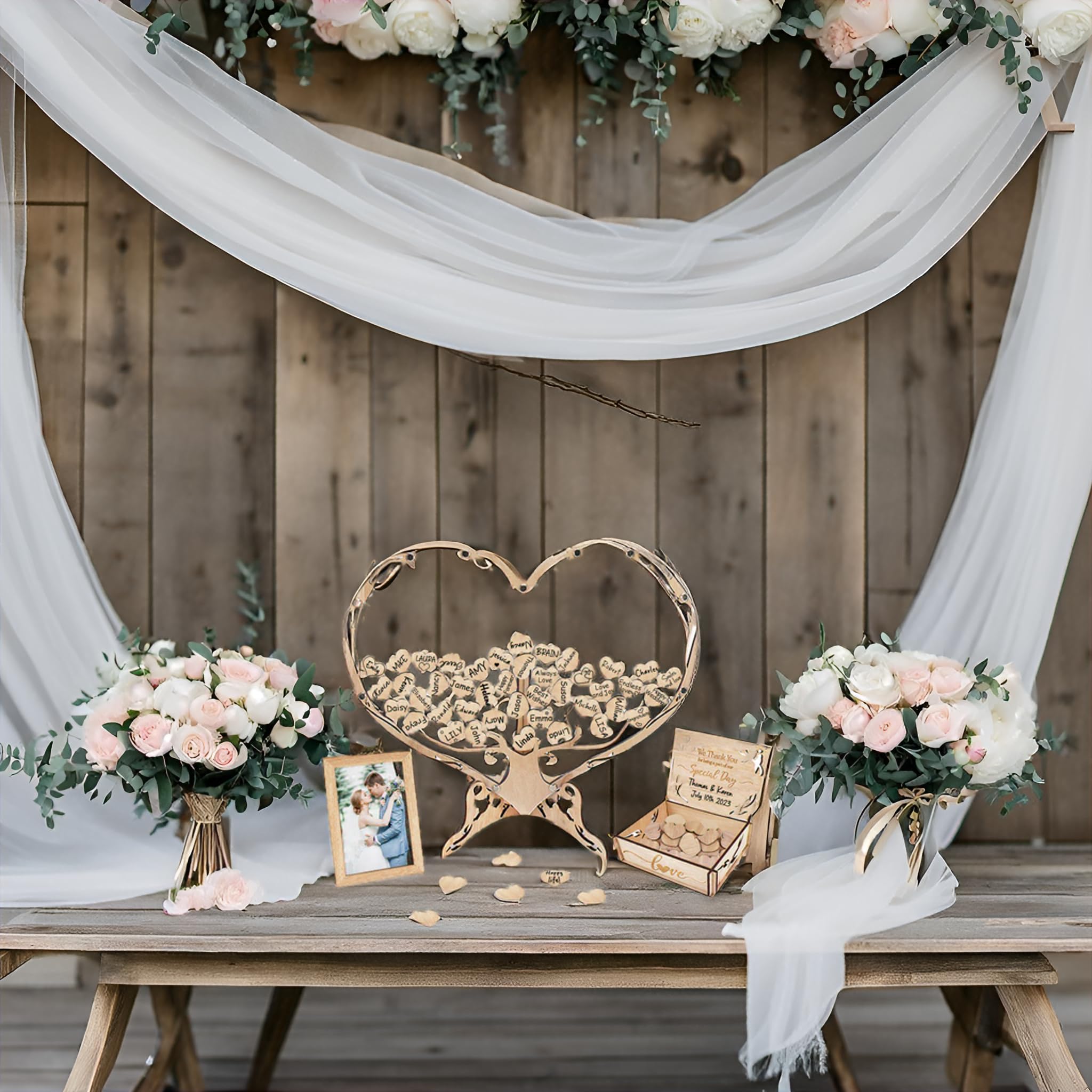 Rustic Wooden Tree of Life Wedding Guest Book Alternative - Heart Shaped Drop Box with Picture Frame for Wedding Decorations & Gifts | Perfect for Wedding Guest Signatures, Valentine's Day Presents & Rustic-Themed Weddings