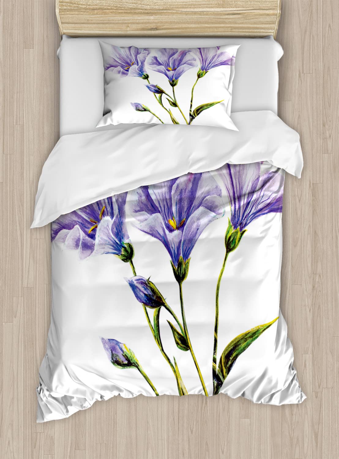 Ambesonne Watercolor Flower Duvet Cover Set - Romantic Summer Wildflowers Design, Mother Earth Art Bedding (2-Pack Twin Size, White Violet Green) - Perfect for Guest Rooms, Vacation Homes & Boho Chic Bedrooms