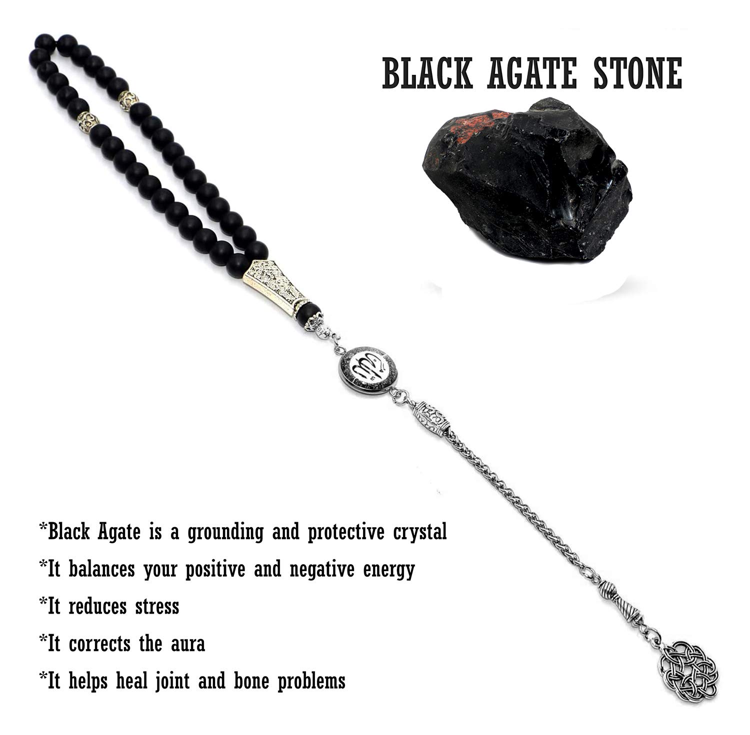 Premium Allah Tassel Worry Beads - 8mm Black Agate Stone Prayer Beads (33 Beads) - Islamic Tasbih, Misbaha, Rosary for Meditation, Stress Relief & Spiritual Practice