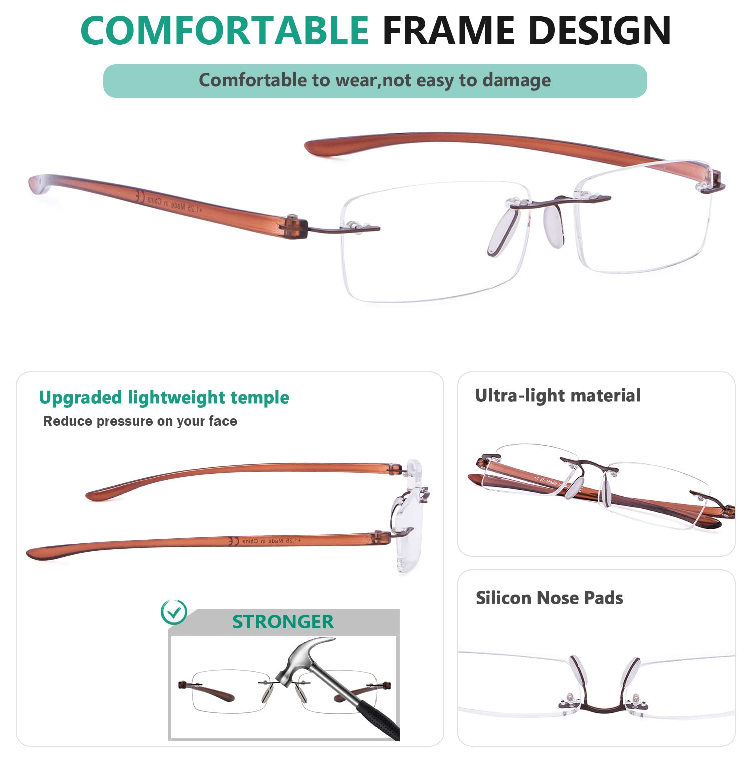 Eyekepper Small Lens Rimless Reading Glasses for Men & Women - Lightweight & Stylish for Reading, Computer Work & Daily Use